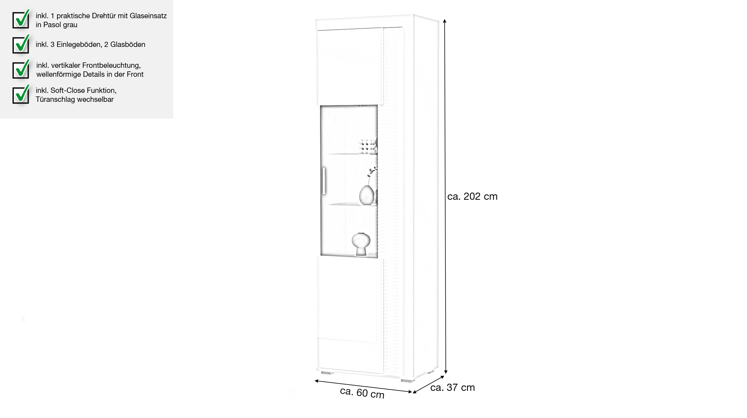Vitrine mit Glastür weiß hochglanz 60 x 202 cm - SKYLIGHT