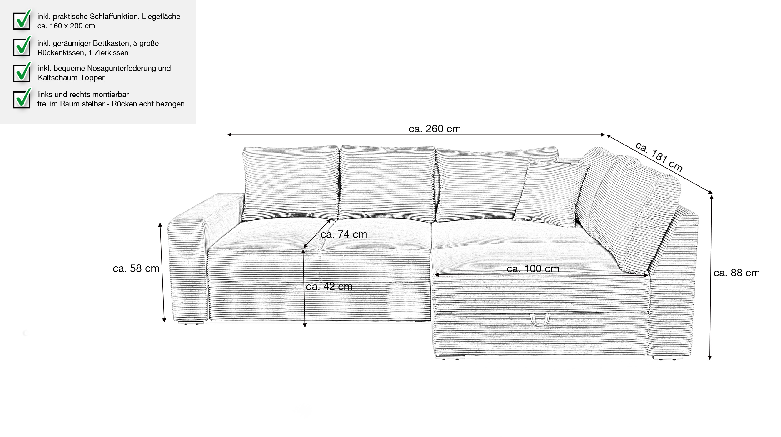 Ecksofa Schlaffunktion Cord grau - Bettkasten 260 cm - JANIS