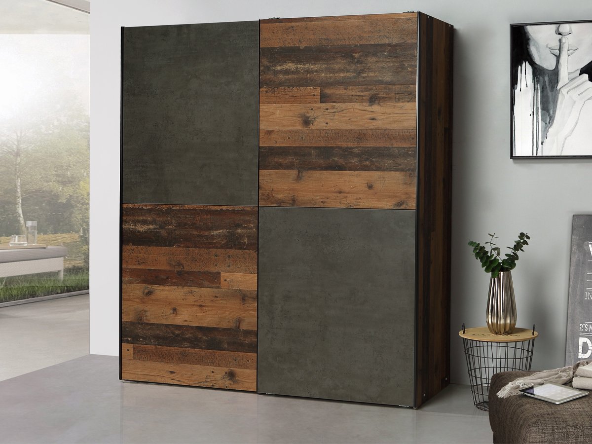 Schwebetürenschrank Old Wood - grau 170 cm - DEDERIK