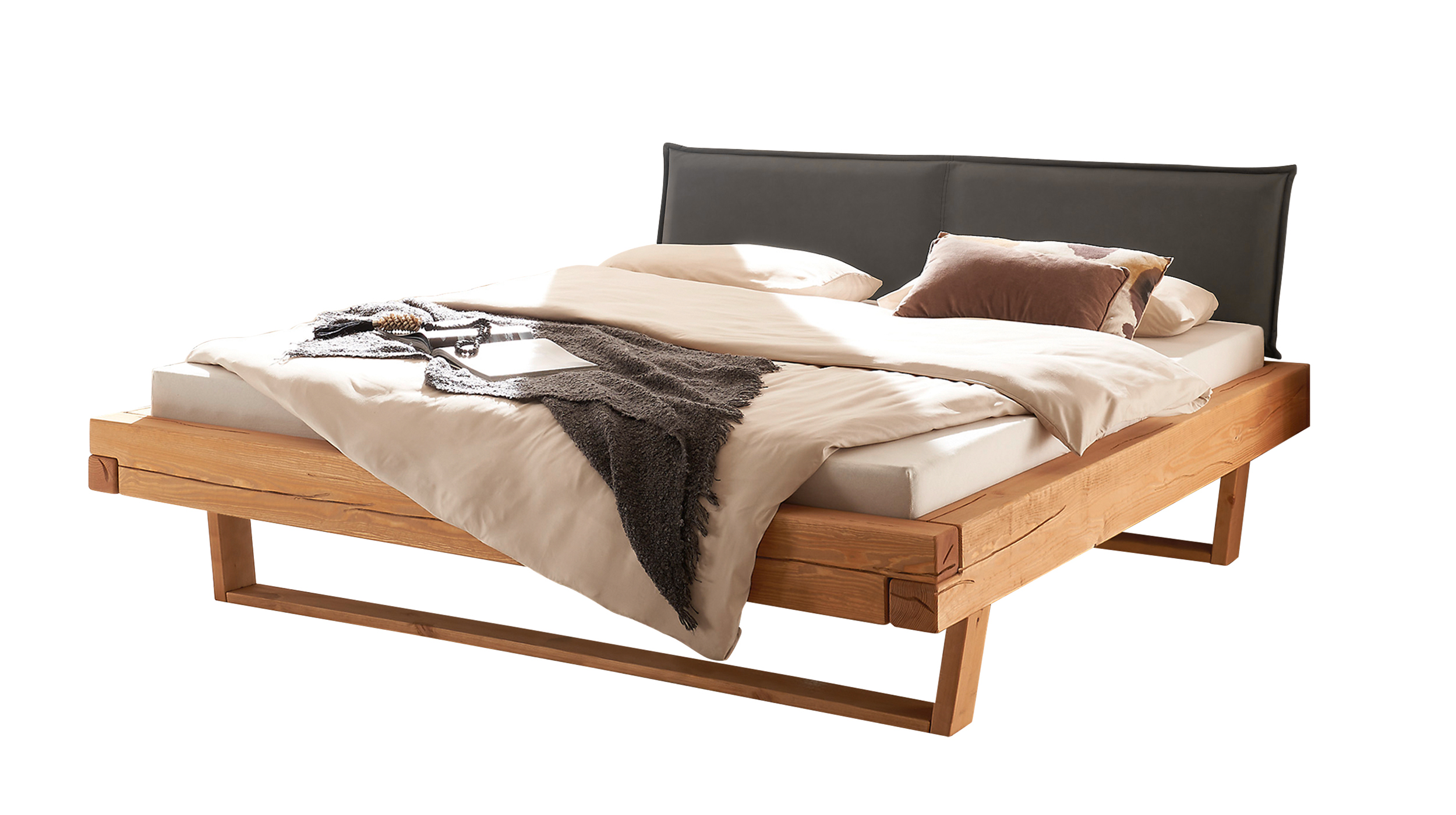 Balkenbett 140 cm Kiefer massiv Polsterkopfteil - U-Gestell - JOREN