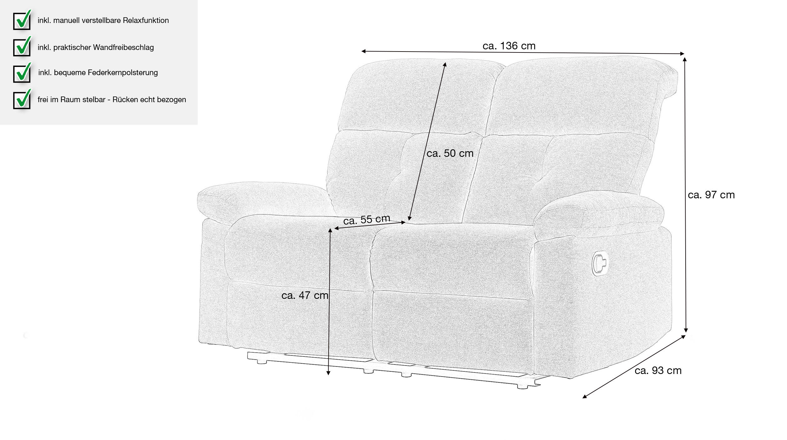 Einzelsofa Microfaser grau 136 cm - Relaxfunktion - RIVERA