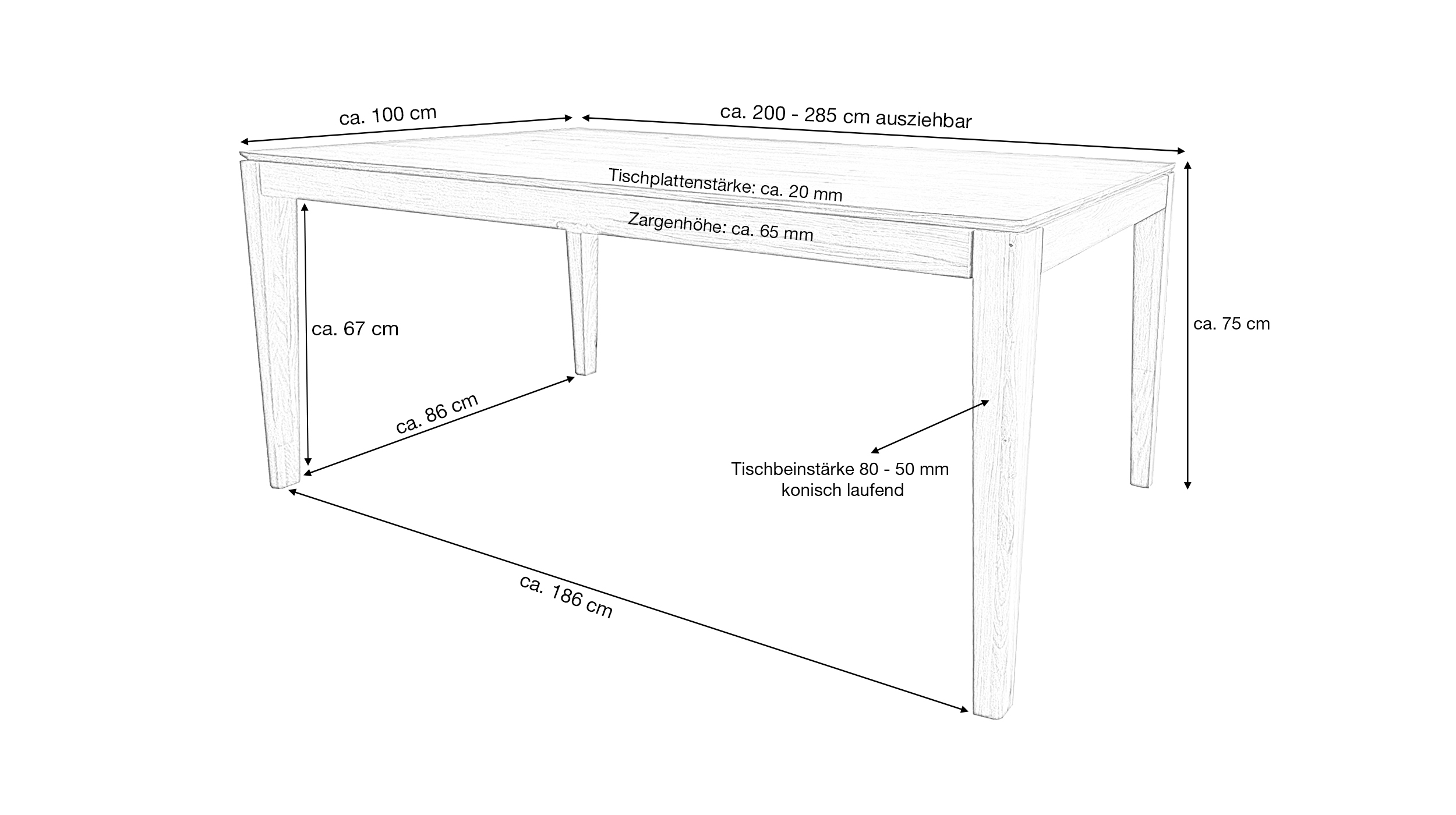 Esstisch ausziehbar 200-285 cm Massivholz Wildeiche geölt - FLAVIA