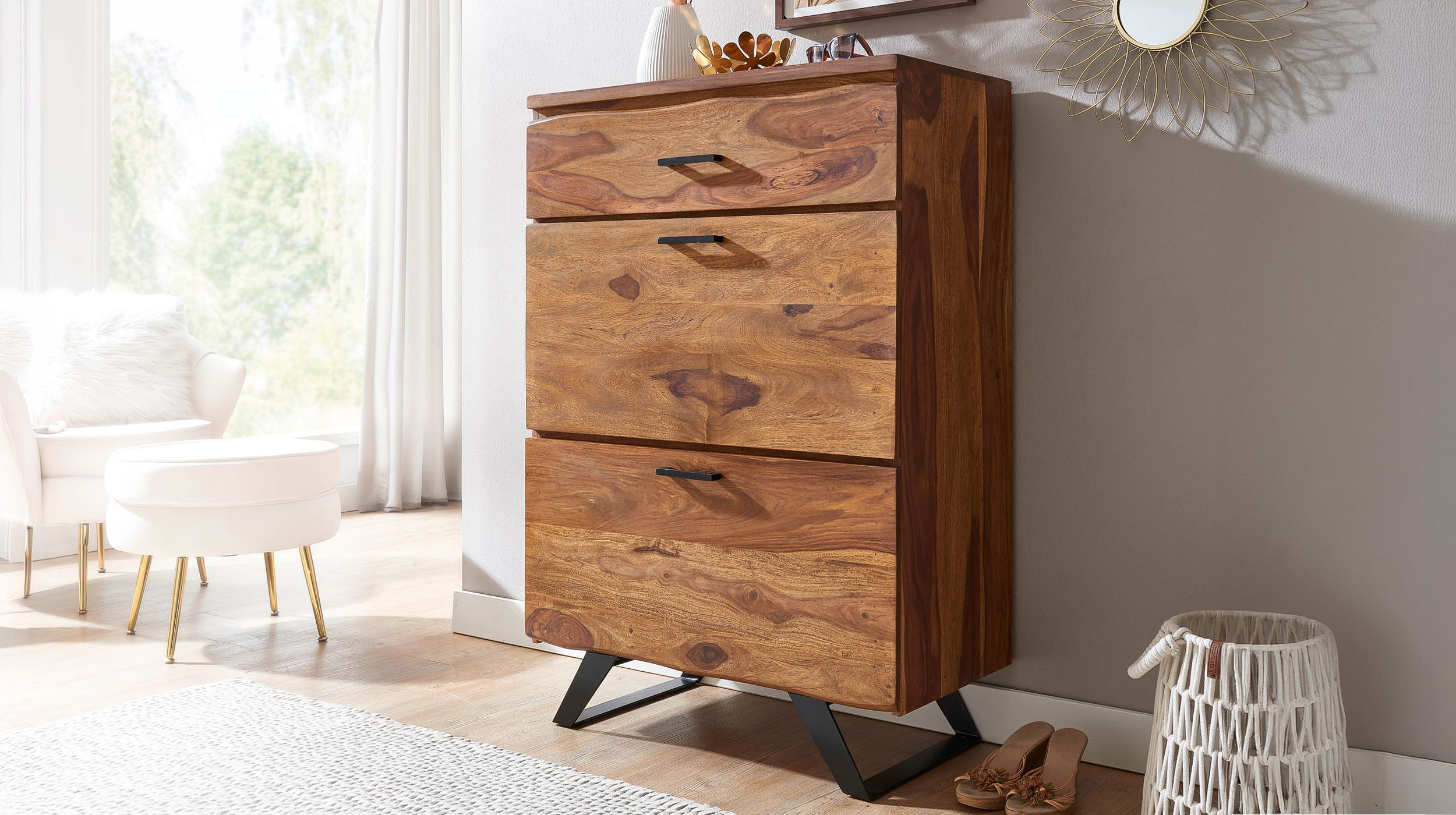 Kommode mit 3 Schubladen Sheesham massiv gebeizt 80 x 42 cm - VINNAN