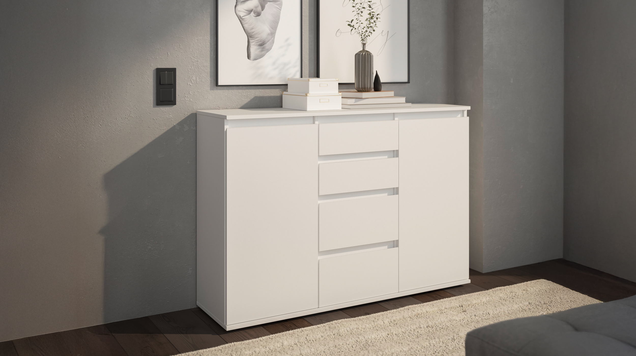 Kommode mit 4 Schubladen weiß 119 x 35 cm - 2-türig - BRESTA