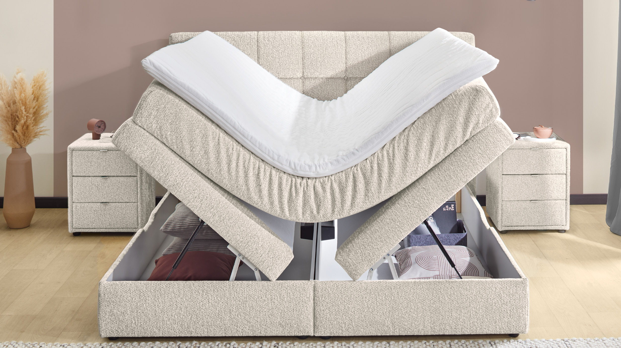 Boxspringbett Chenille grau-beige 200 x 200 cm mit Bettkasten - AMY
