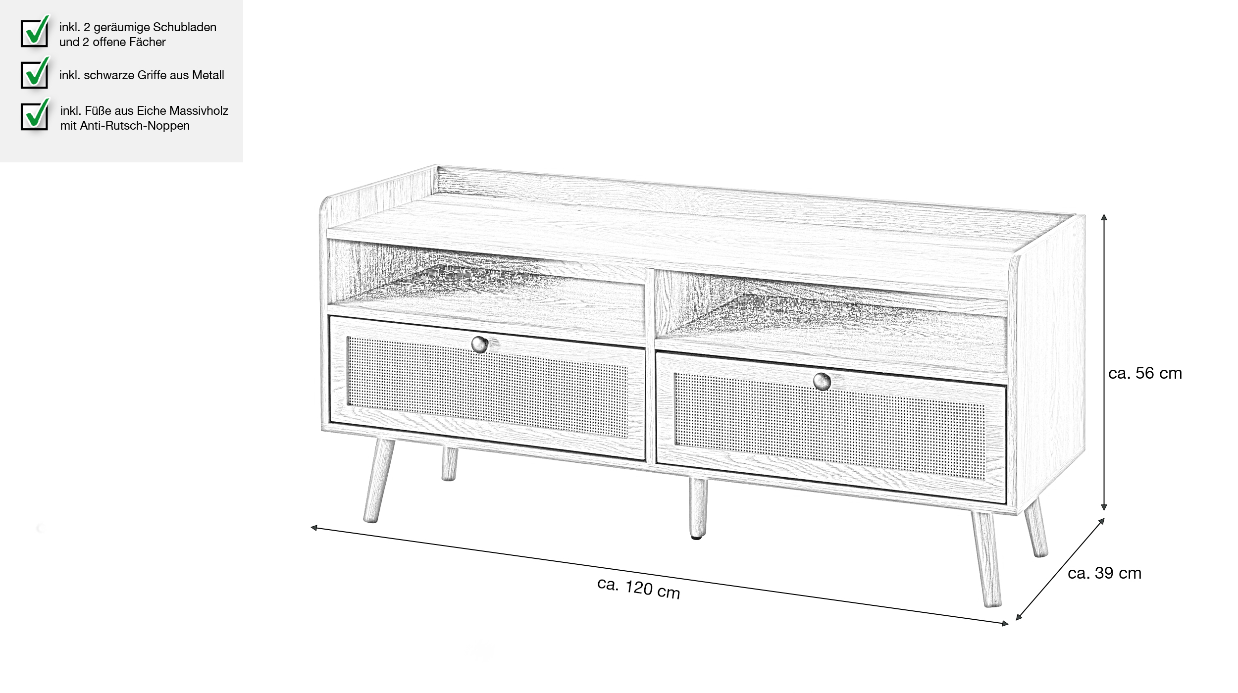 TV - Lowboard Eiche teilmassiv - Polyrattan 120 cm - RATVAN