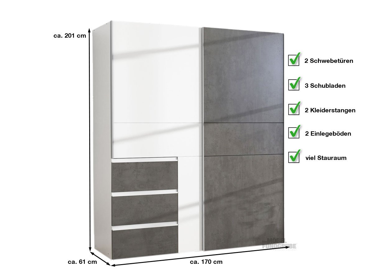 Schwebetürenschrank weiß-grau 170 cm - Kleiderschrank - WINN