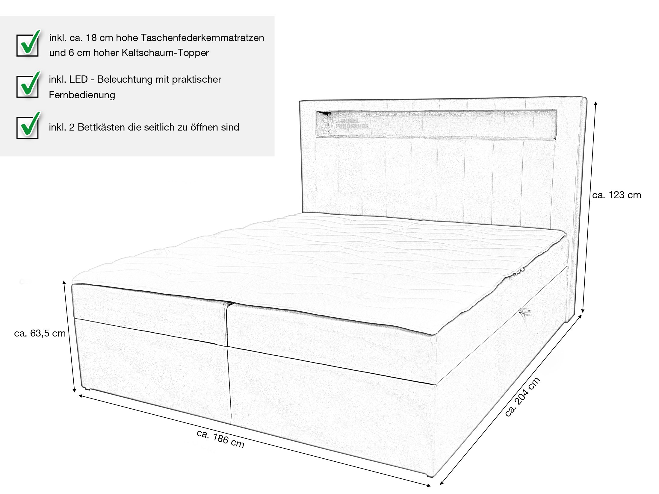 Boxbett 180 x 200 cm graphit Lederlook mit Bettkasten - ASPEN