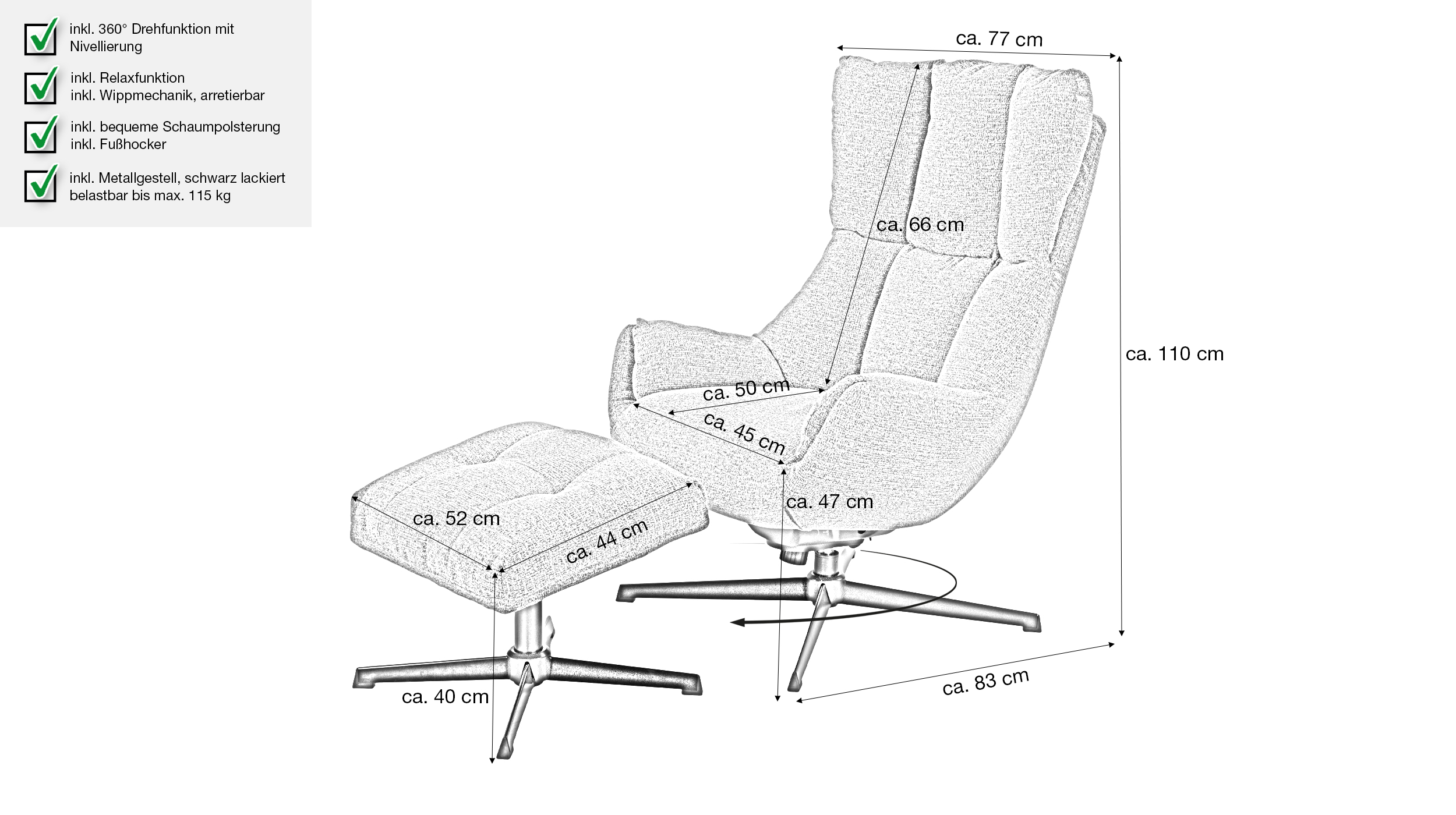 Relaxsessel mit Hocker grün Webstoff - drehbar - PRUNA