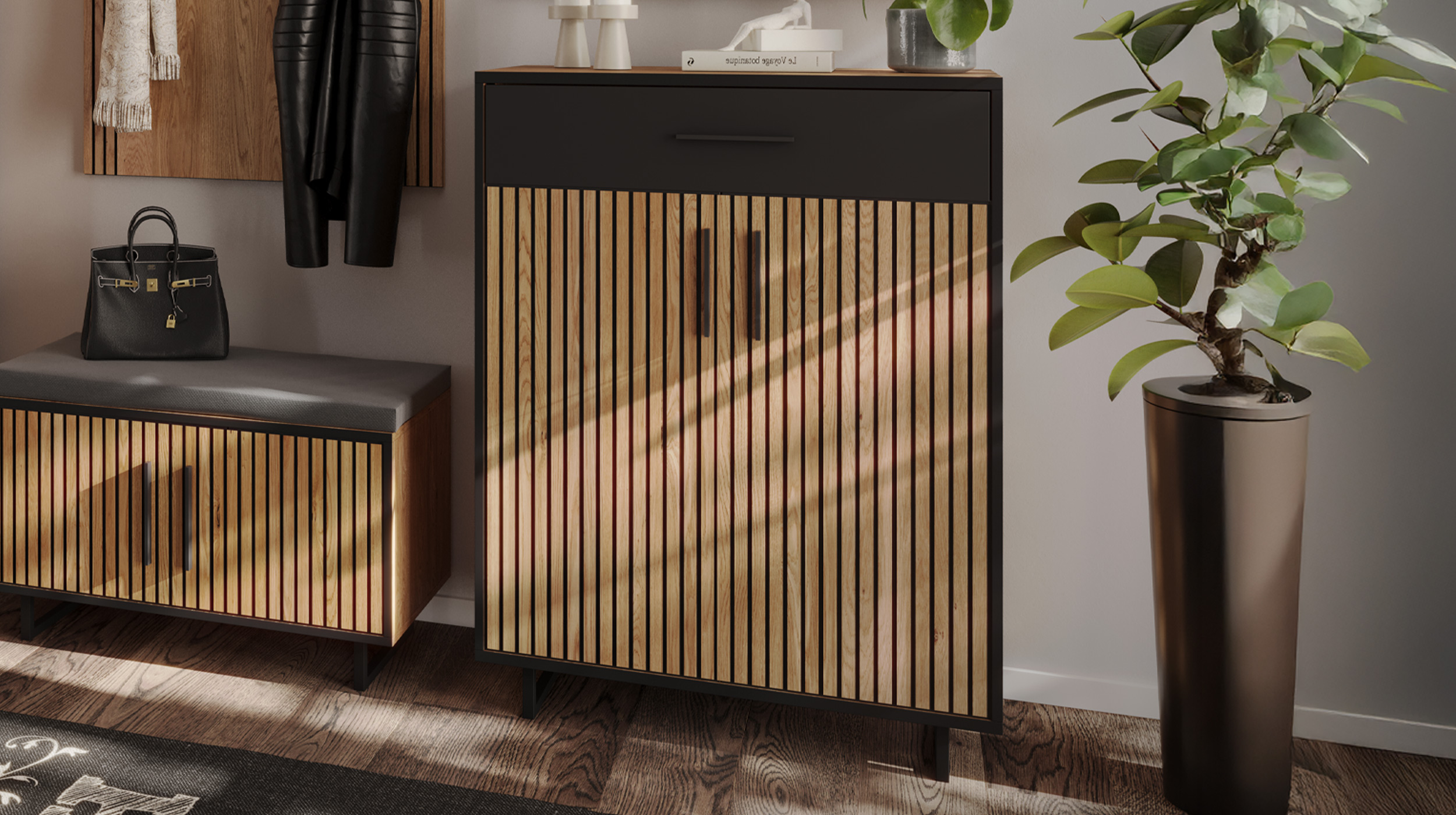 Schuhschrank mit Schublade Eiche teilmassiv geölt 82 x 100 cm - BELLA