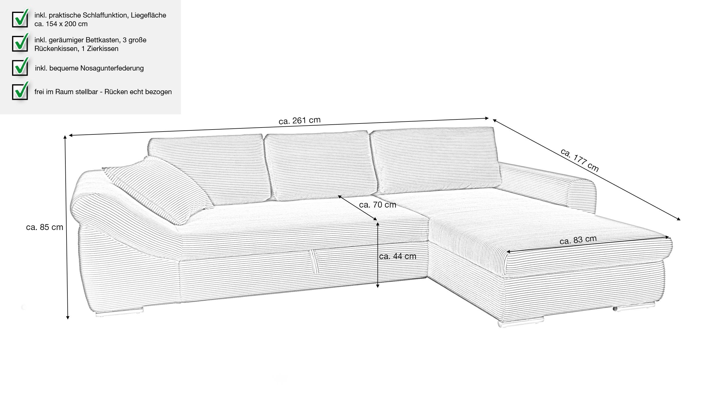 Ecksofa Schlaffunktion Bettkasten grün Cord 261 cm - RAMONA