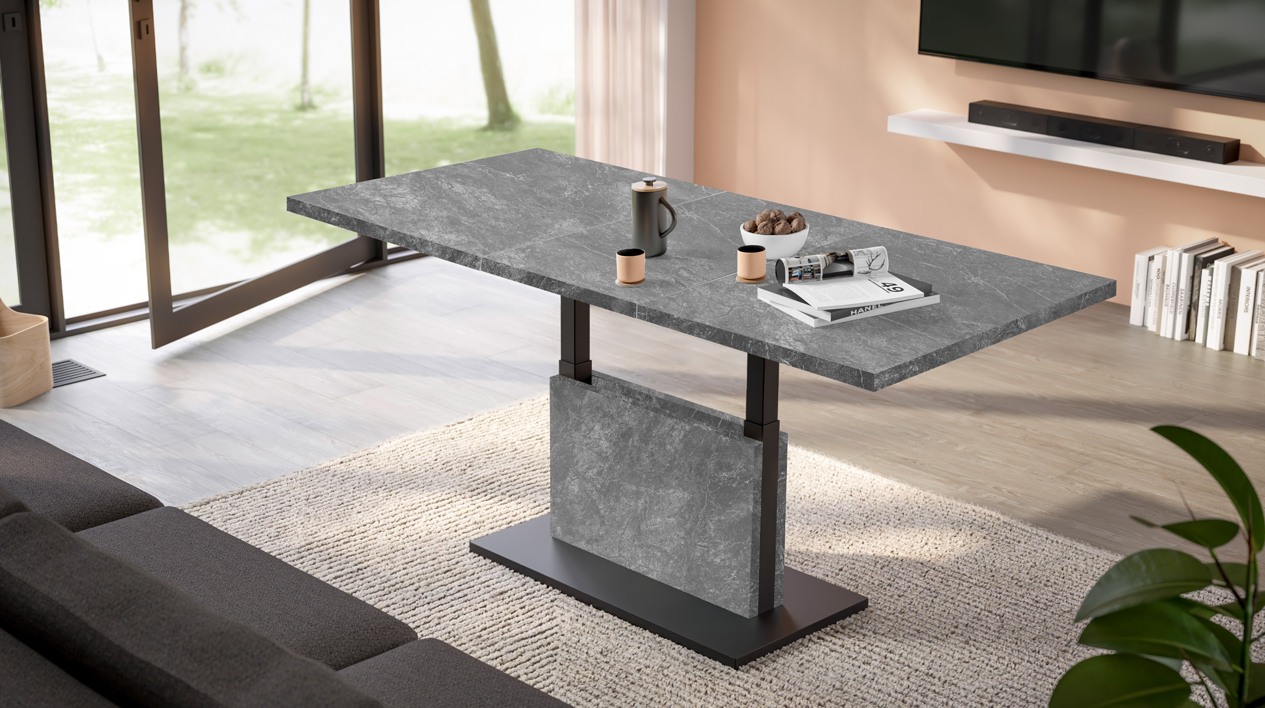 Couchtisch ausziehbar - grau - 120/160 cm - höhenverstellbar - LIFT