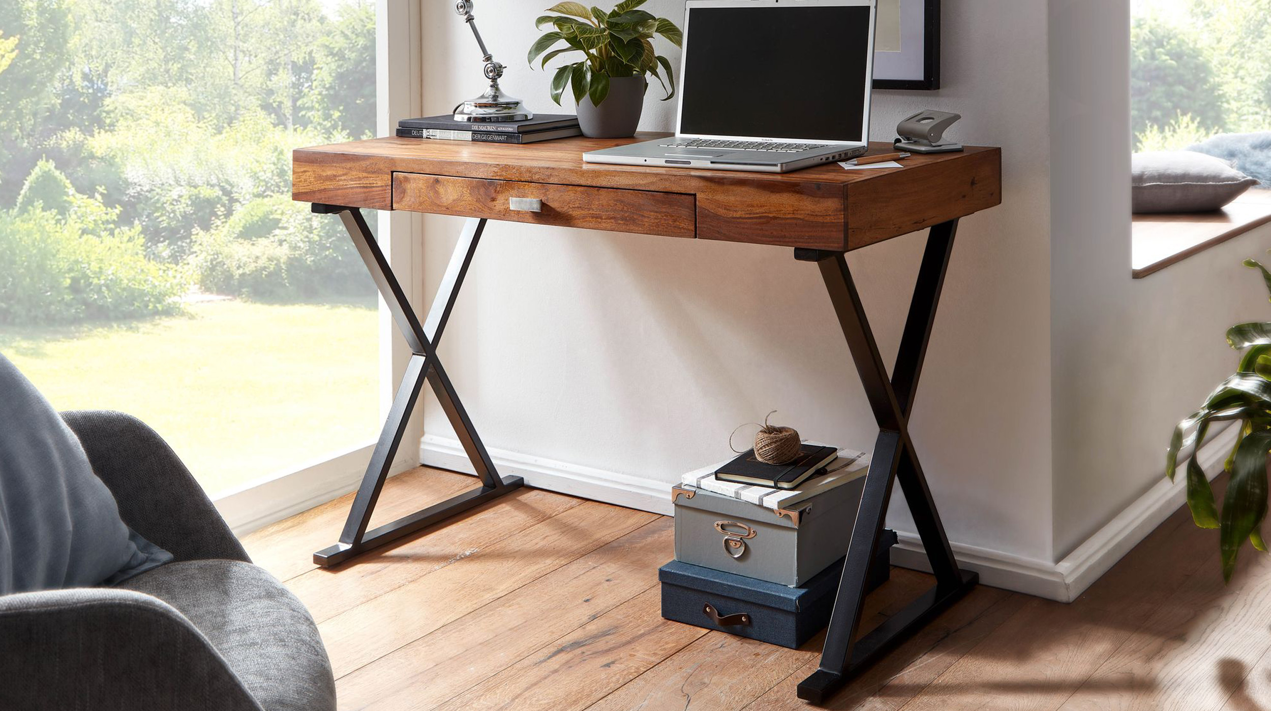 Schreibtisch 120 cm Sheesham massiv - Schublade - SOLVIG