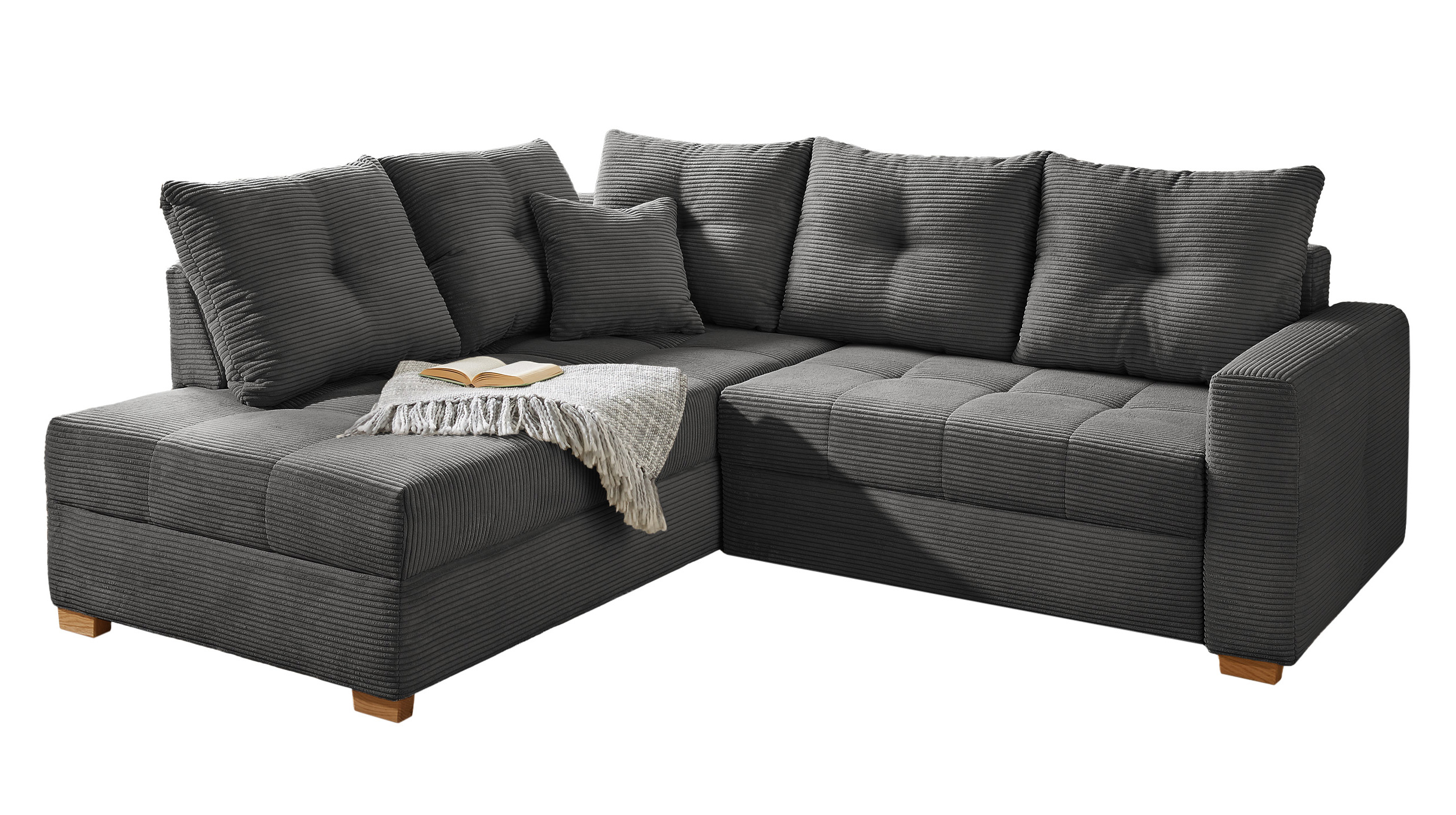 Ecksofa Cord grau 228 cm - Schlaffunktion Bettkasten - HEIDELBERG