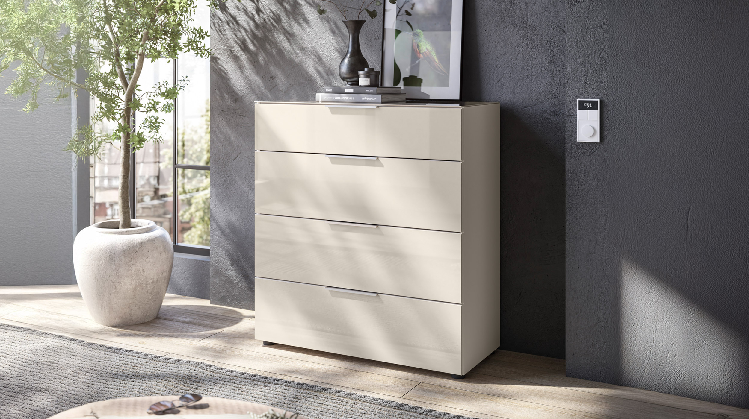 Kommode 4 Schubladen - beige - Glasfront - 90 cm - SANTORIN