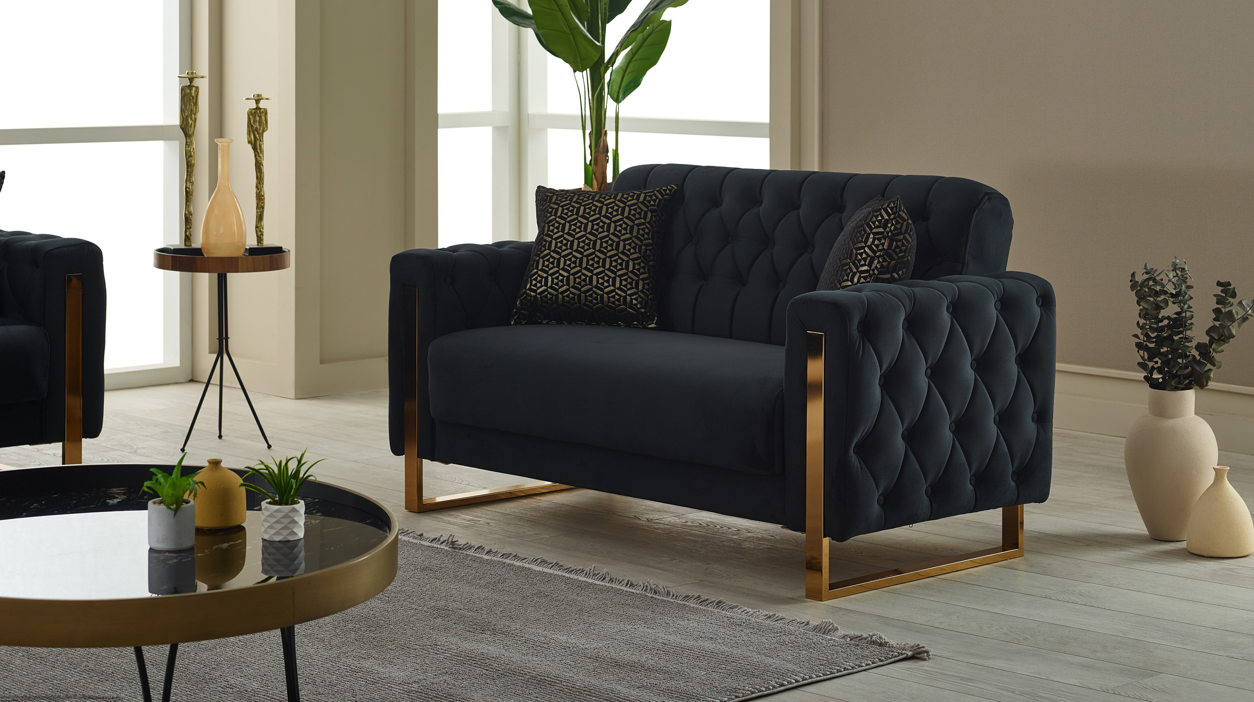 Einzelsofa mit Bettkasten 2-Sitzer schwarz - gold 167 cm - CRYSTAL