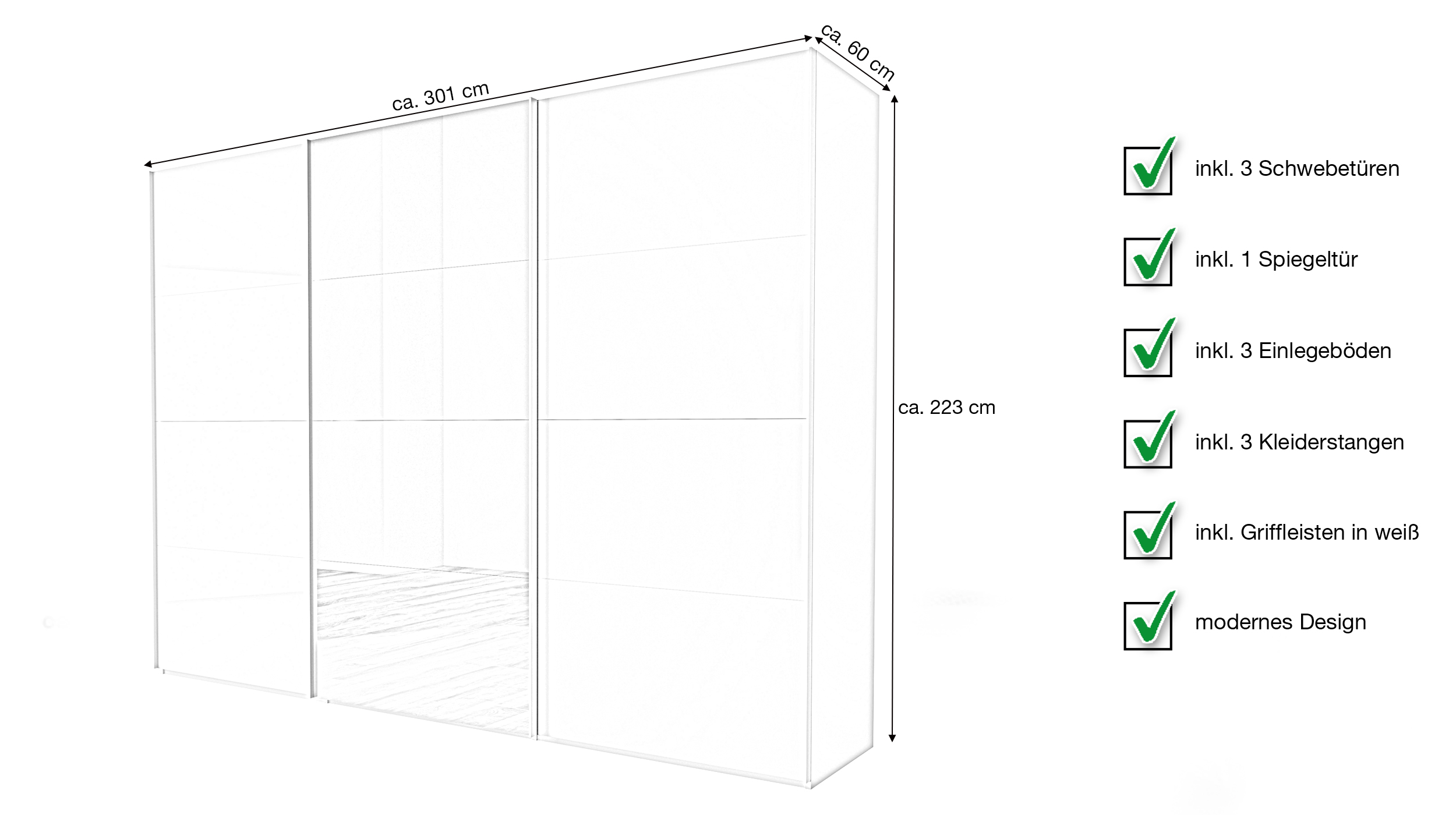 Schwebetürenschrank mit Spiegel weiß hochglanz - 301 cm - SYSTEMA