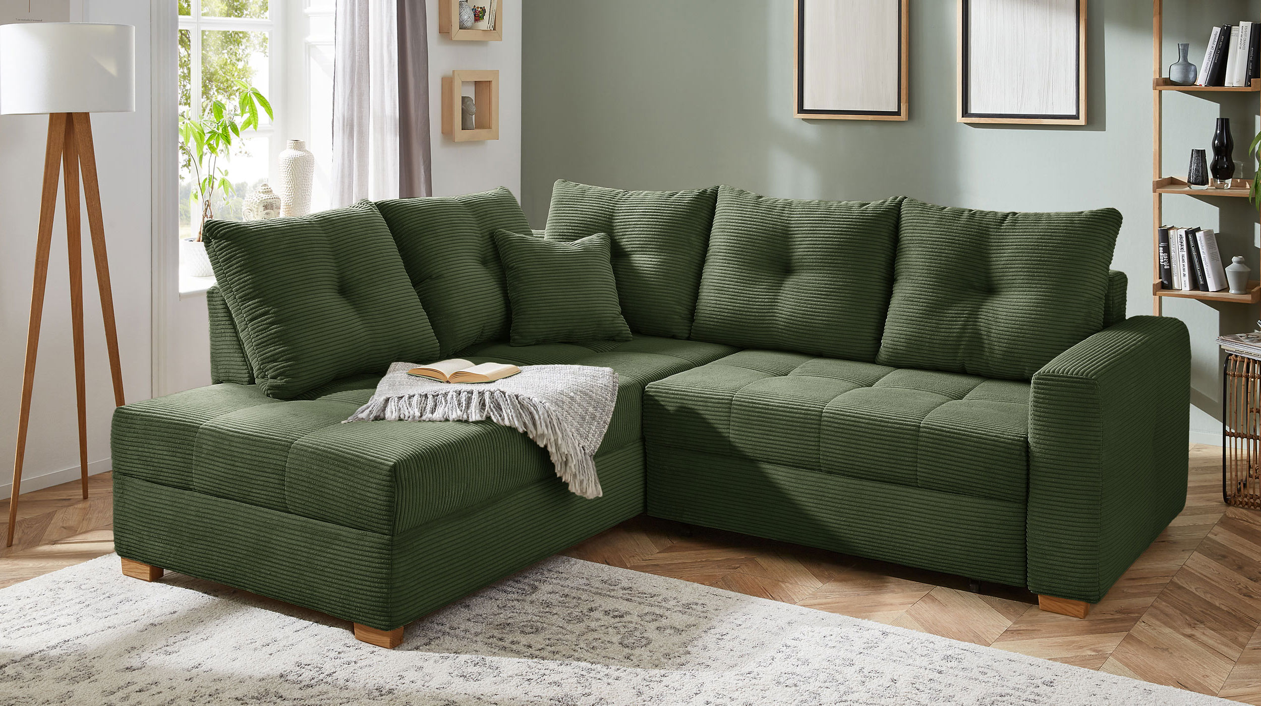 Ecksofa Cord grün 228 cm - Schlaffunktion Bettkasten - HEIDELBERG