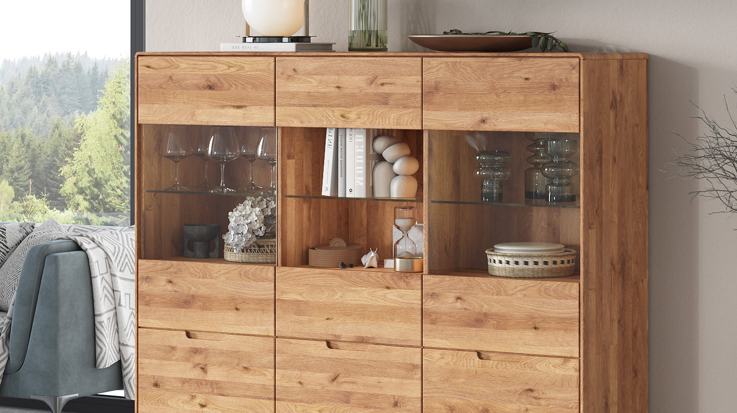 Highboard mit Glastüren Wildeiche massiv 149 cm - LUCAS