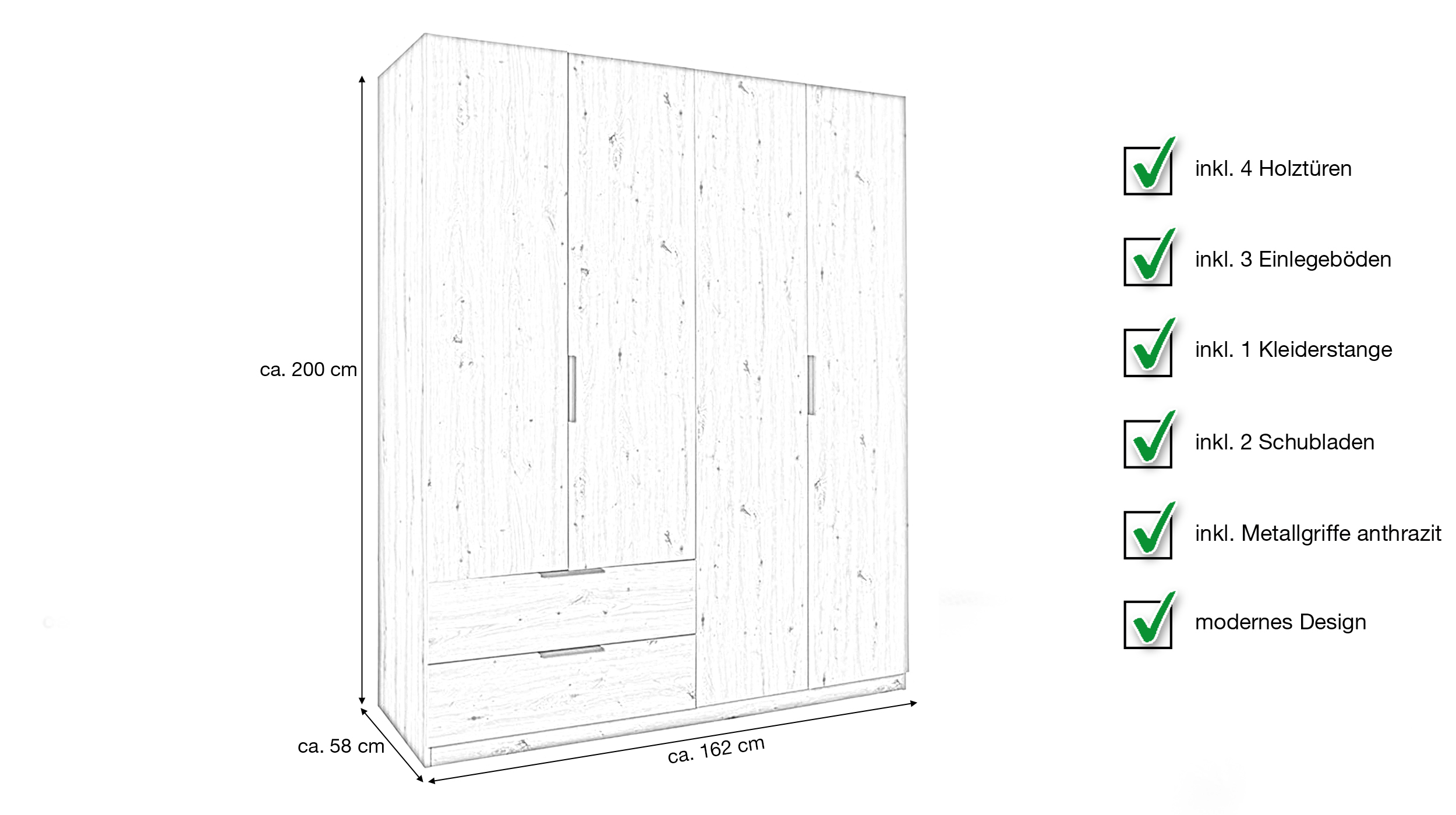 Kleiderschrank mit Schubladen 4-türig Eiche 162 cm - ESPRESSO