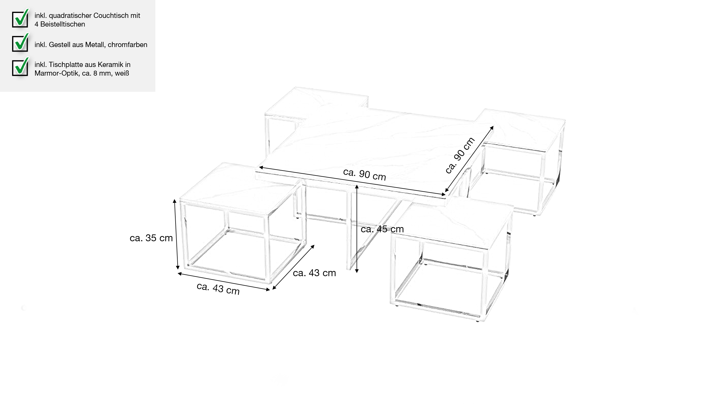 Couchtisch 5er-Set Marmoroptik - weiß - 90 x 90 cm - BIANCI