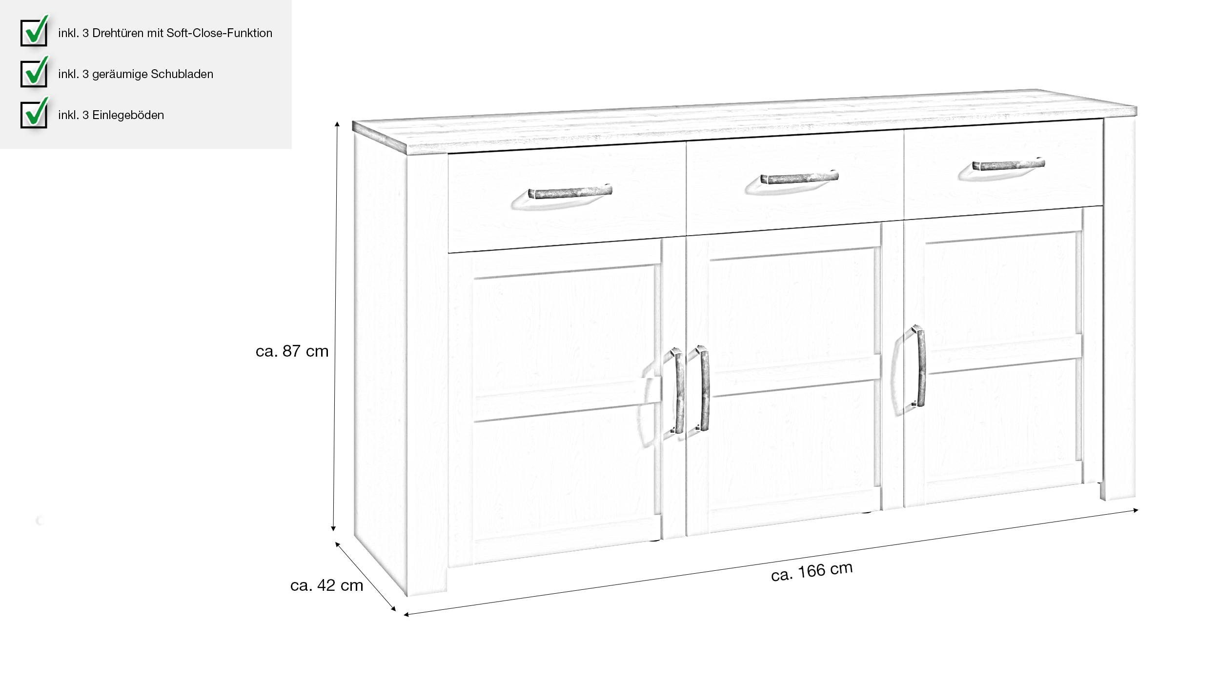 Sideboard mit 3 Schubladen Sibiu Lärche - Eiche - 166 cm - BOHOL