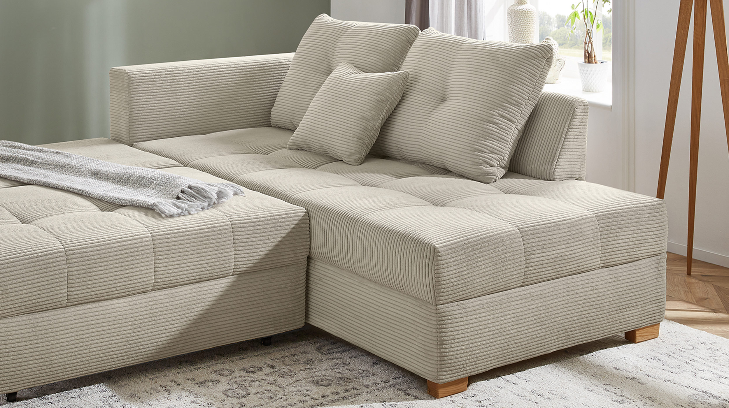 Ecksofa Cord grau-beige 228 cm - Schlaffunktion Bettkasten - HEIDELBERG