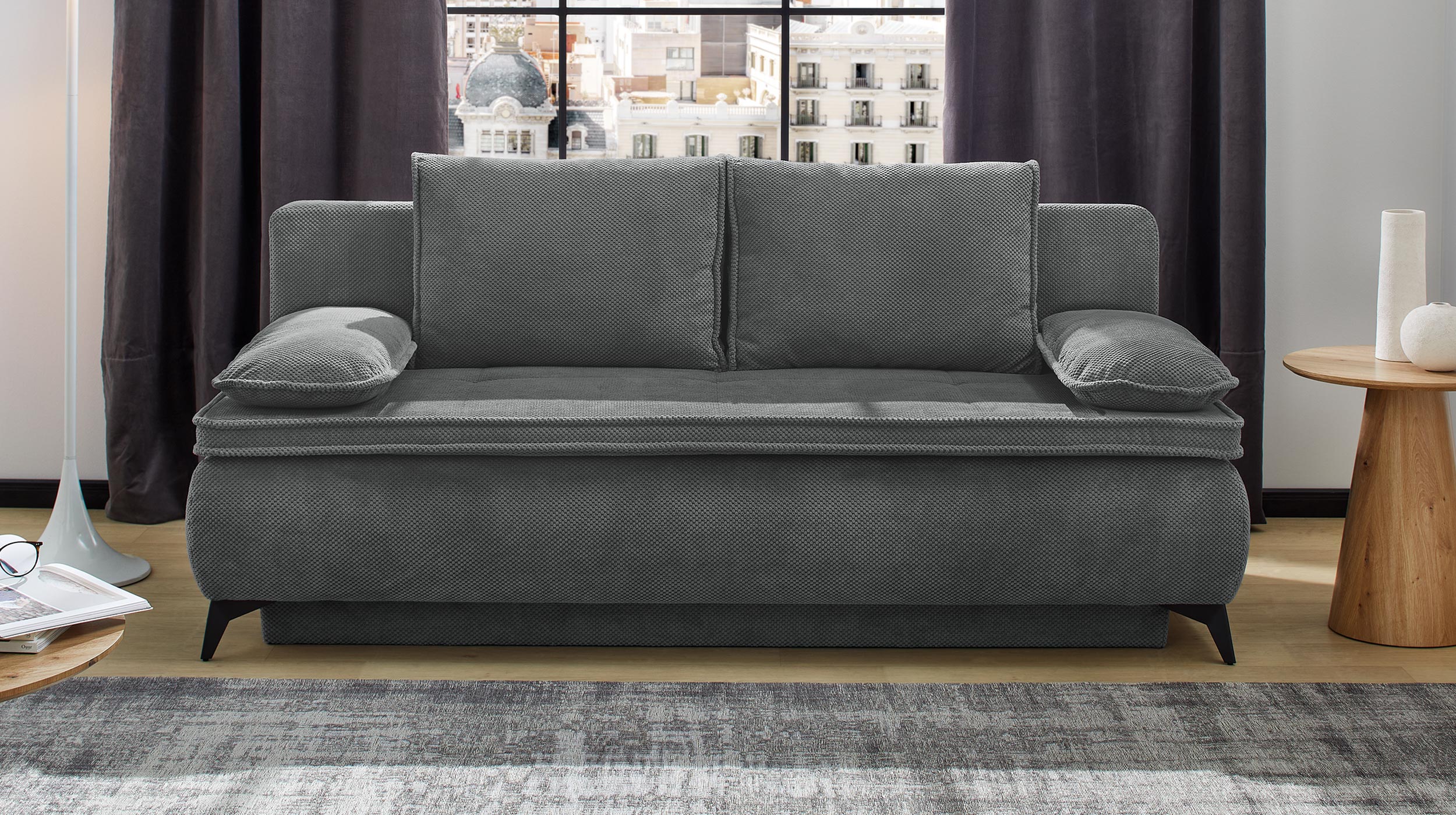 Schlafsofa Cord Bettkasten grau Dauerschläfer 205 cm - DREAMER