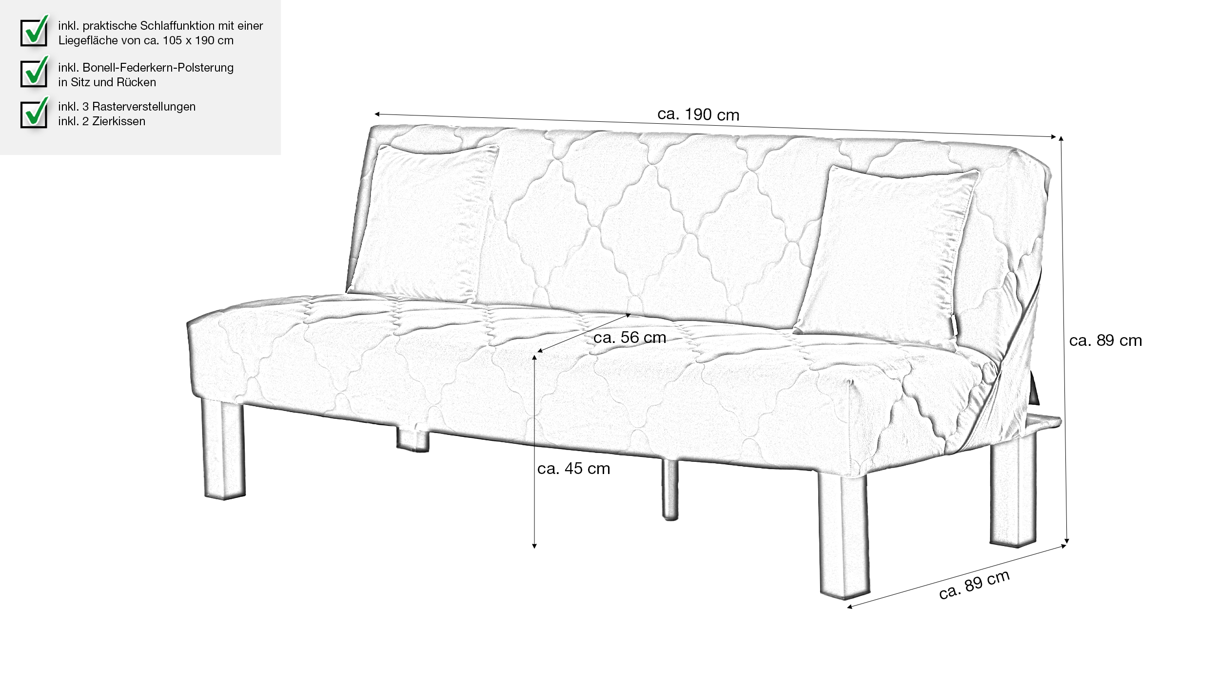 Einzelsofa 3-Sitzer anthrazit Schlaffunktion - 190 cm - MEXICO