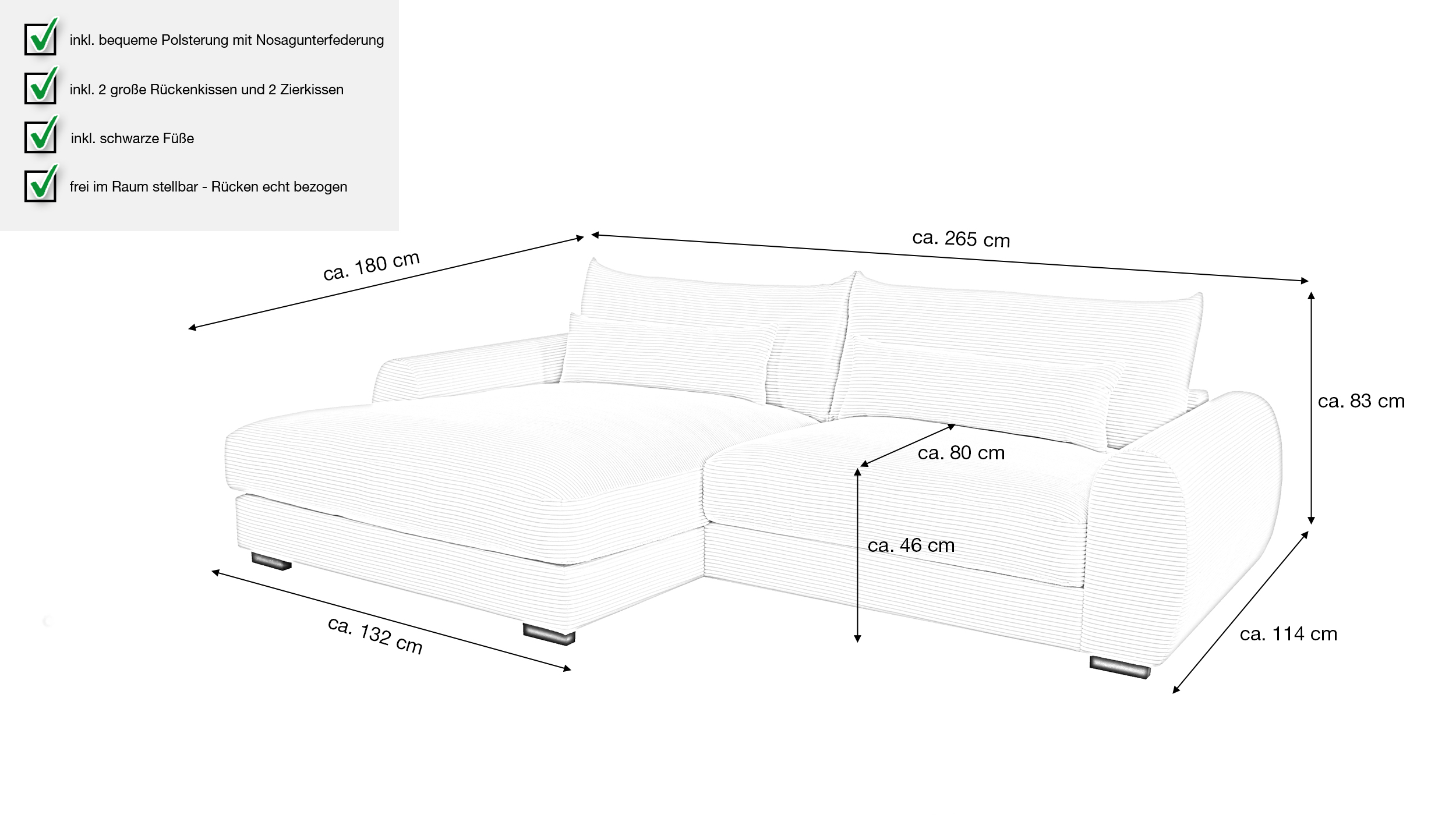 Ecksofa grau Cord 265 x 180 cm OT links - MARK