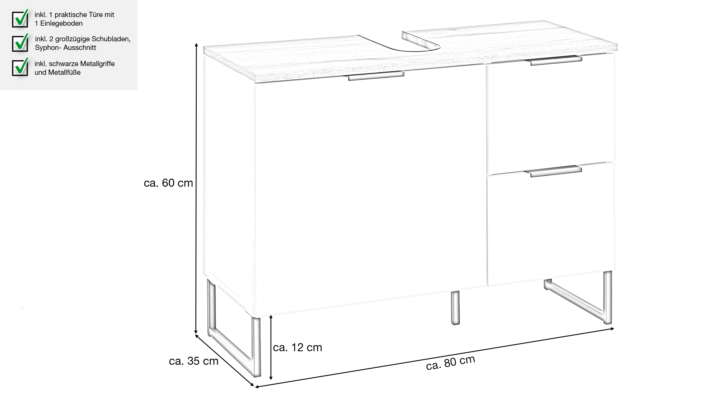Waschbeckenunterschrank weiß Eiche 80 cm - DALIA