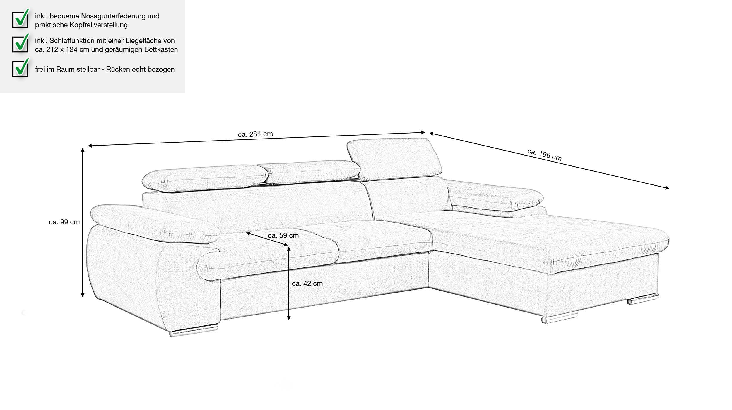 Ecksofa mit Schlaffunktion grau Bettkasten 284 x 196 cm - COAL