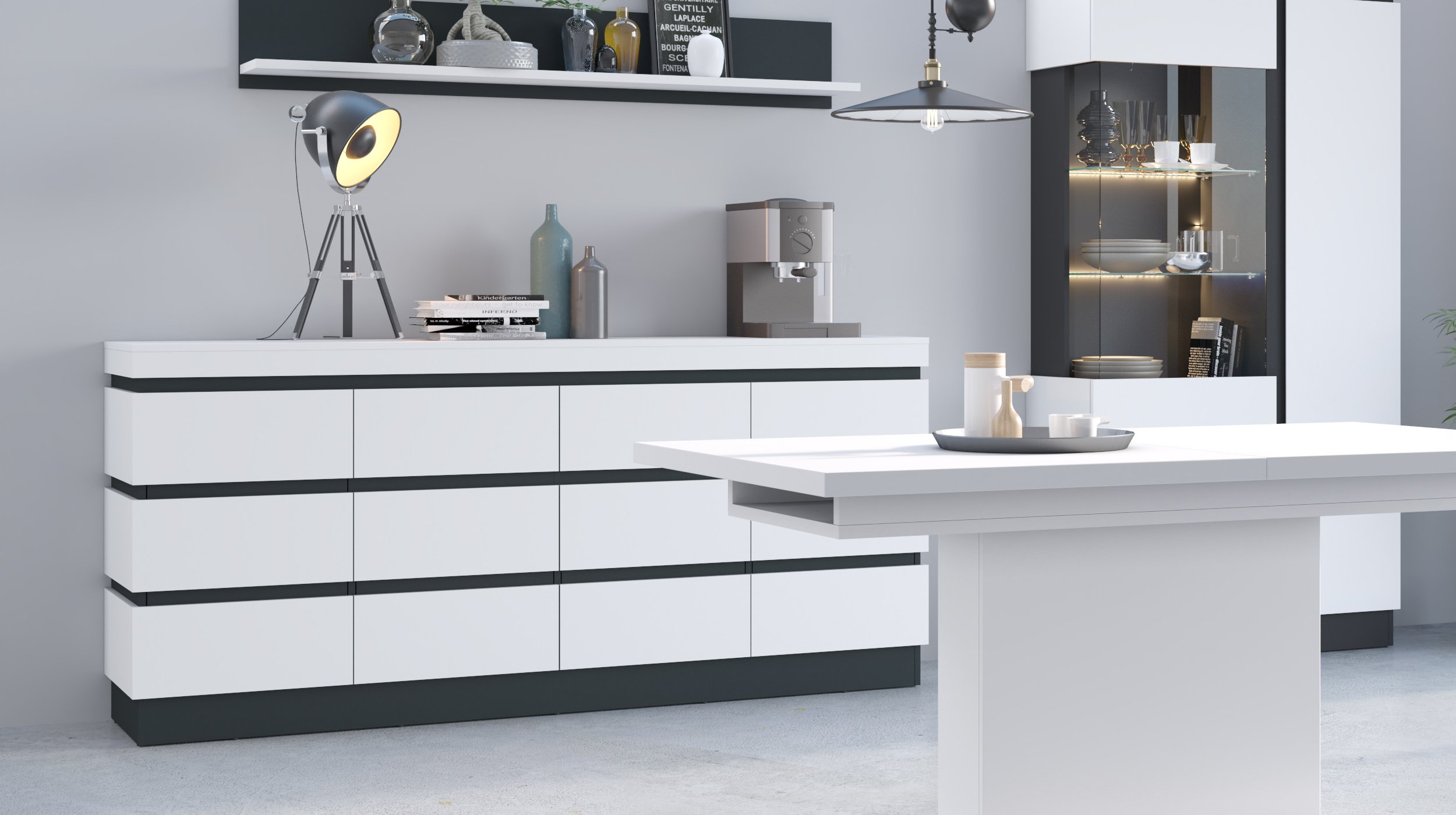 Sideboard alpinweiß - anthrazit 201 cm - CAMPANIA