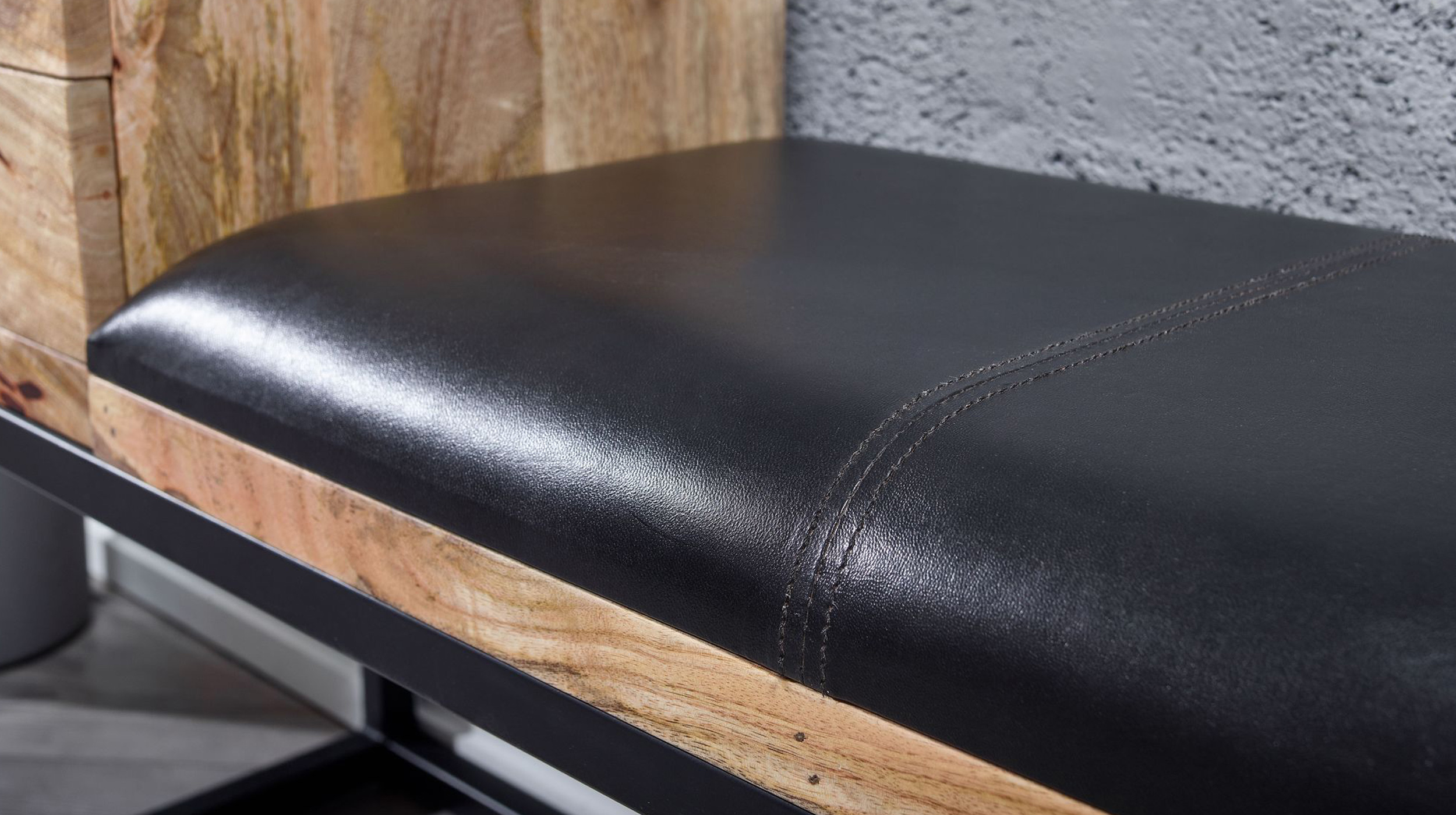 Sitzbank mit Schubladen 100 cm Mangoholz massiv - Leder - MAIGA