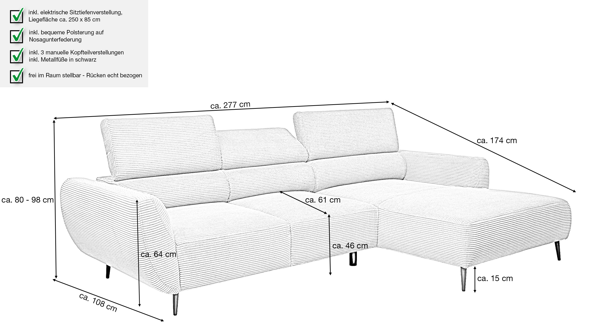 Ecksofa Cord beige elektrisch ausfahrbar 277 cm - OT- rechts - ALISSON