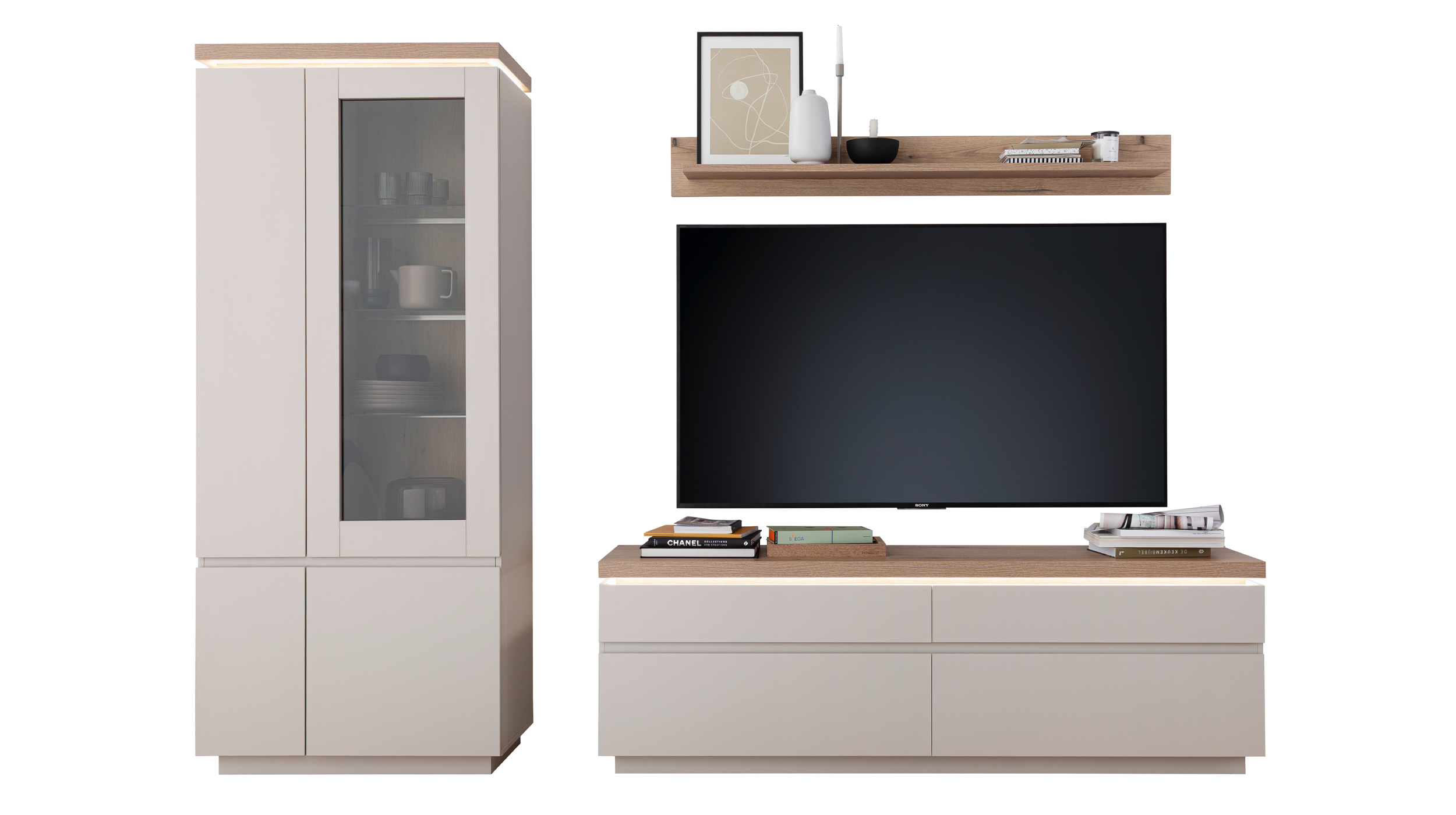 Wohnwand beige - Evoke Eiche 278 cm - LED-Beleuchtung - REMOLINO