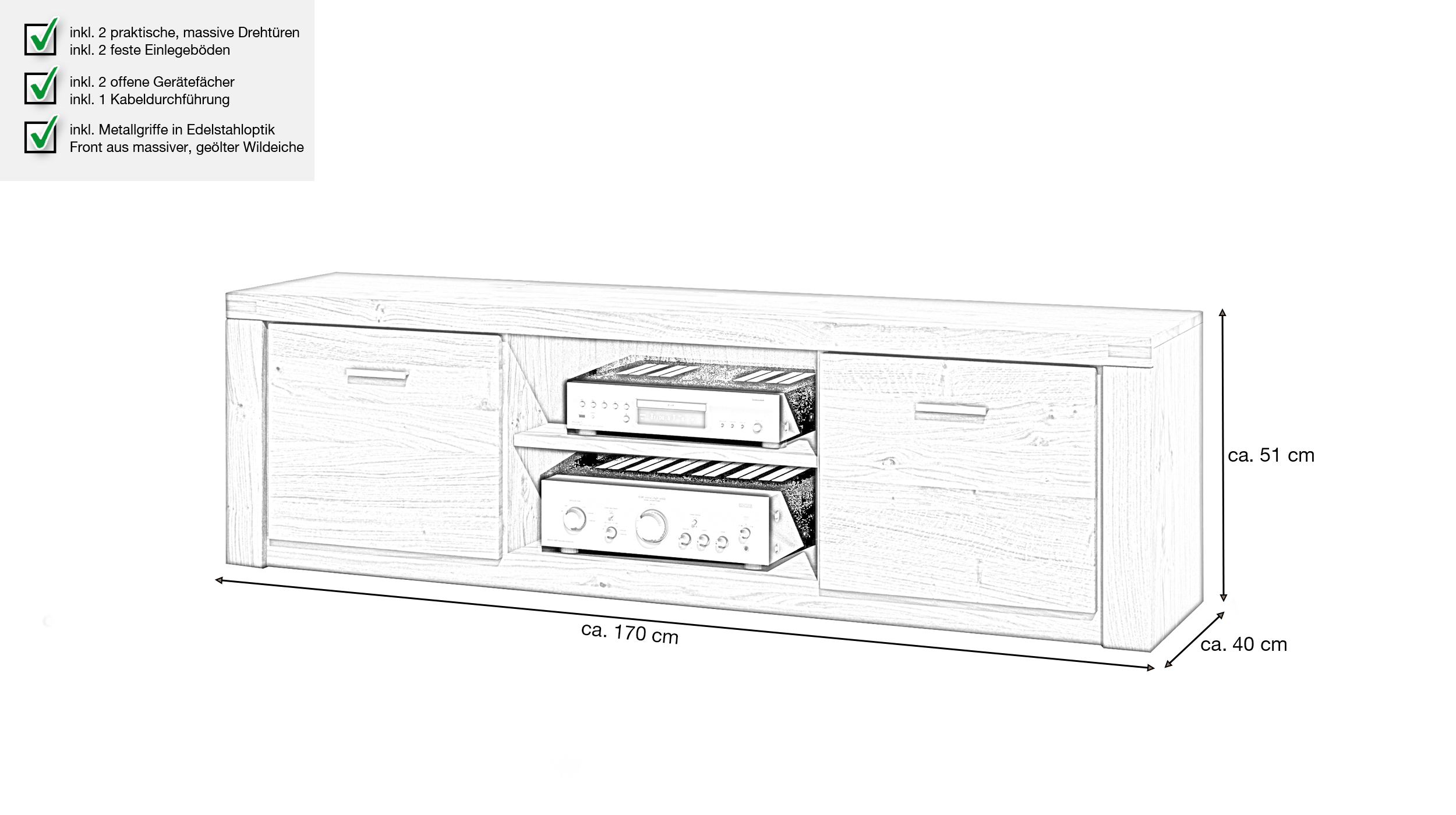 TV-Lowboard Wildeiche teilmassiv geölt 170 cm - FREYJA