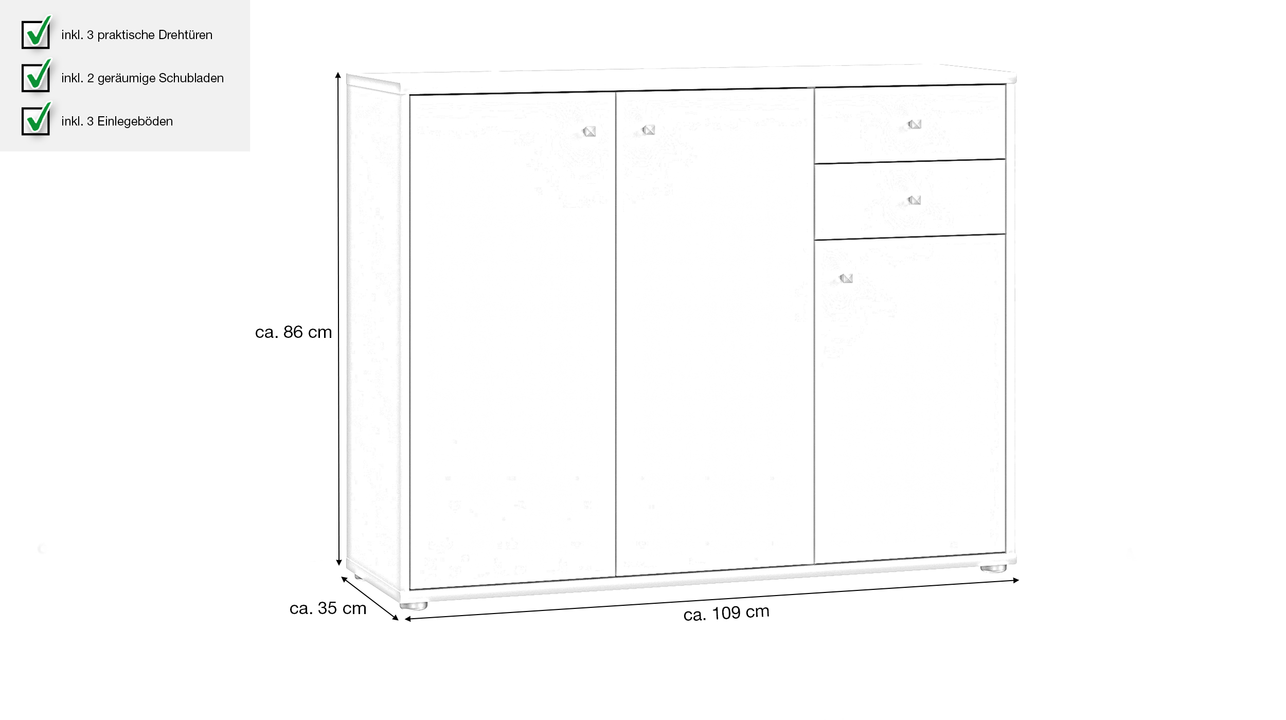 Kommode mit Schubladen weiß 86 cm - TEMPRA