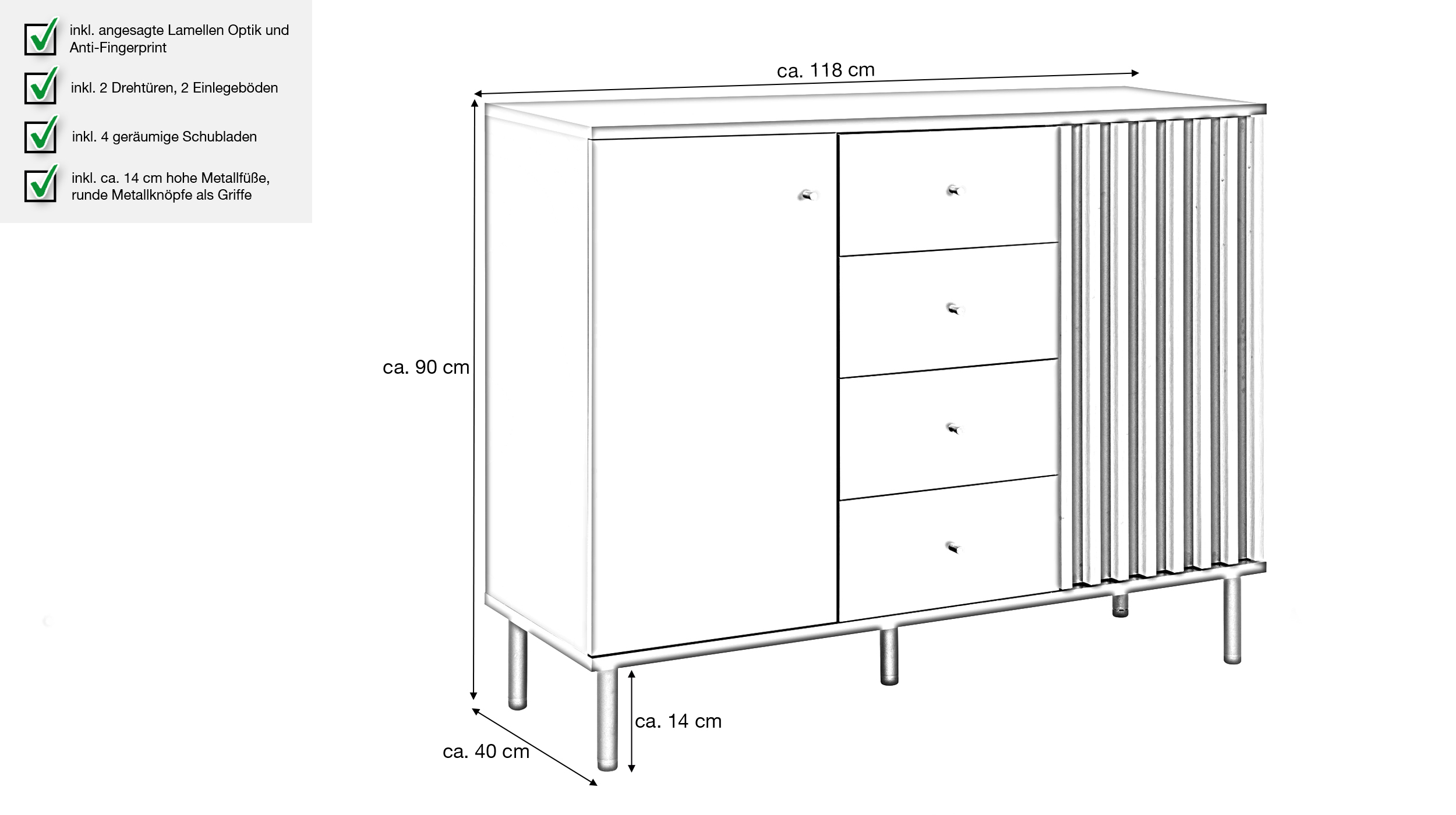 Kommode 4 Schubladen schwarz Artisan Eiche 118 cm - MONZA
