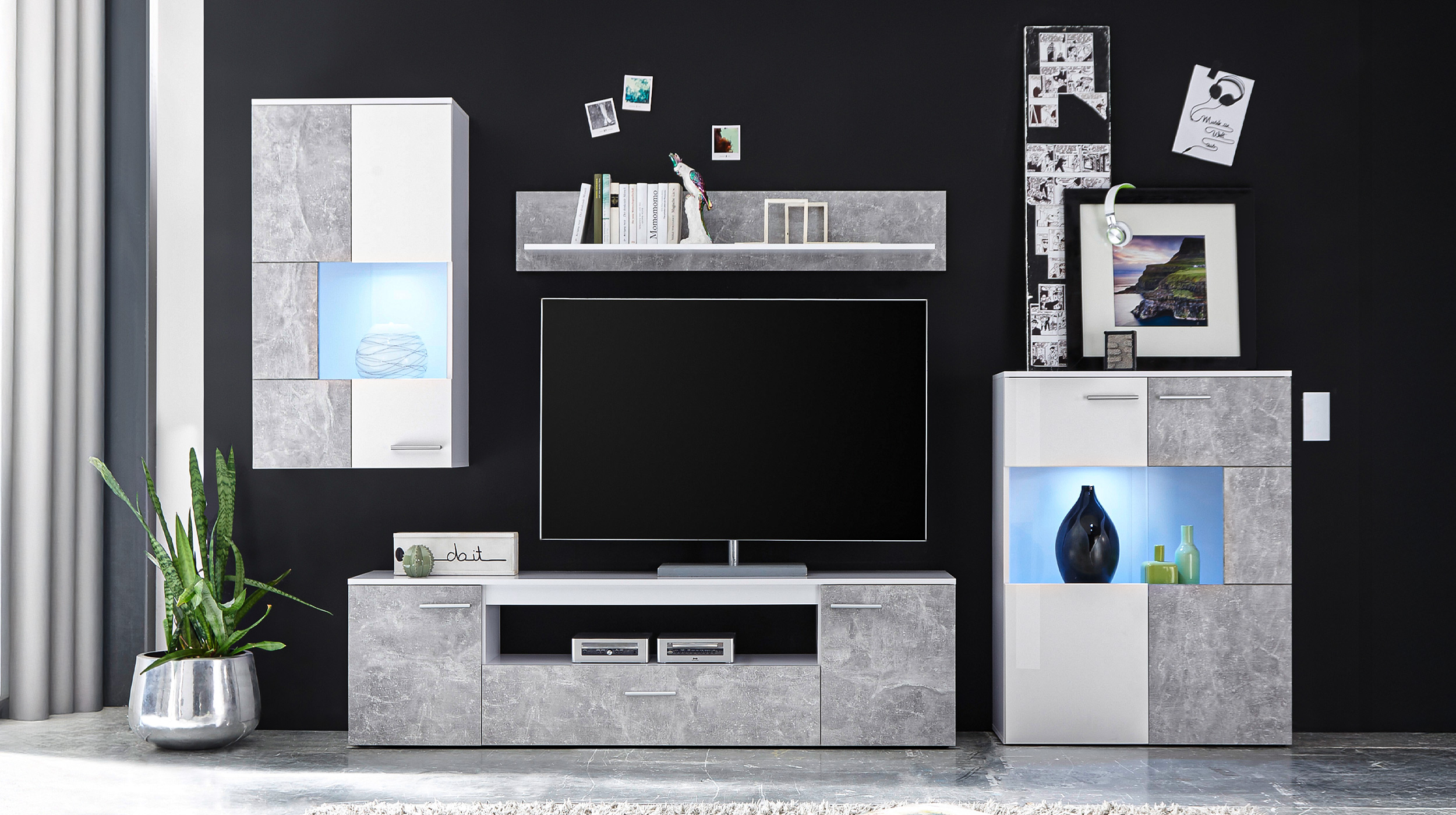 Wohnwand weiß - Betonoptik 290 cm mit LED-Beleuchtung - VULCAN