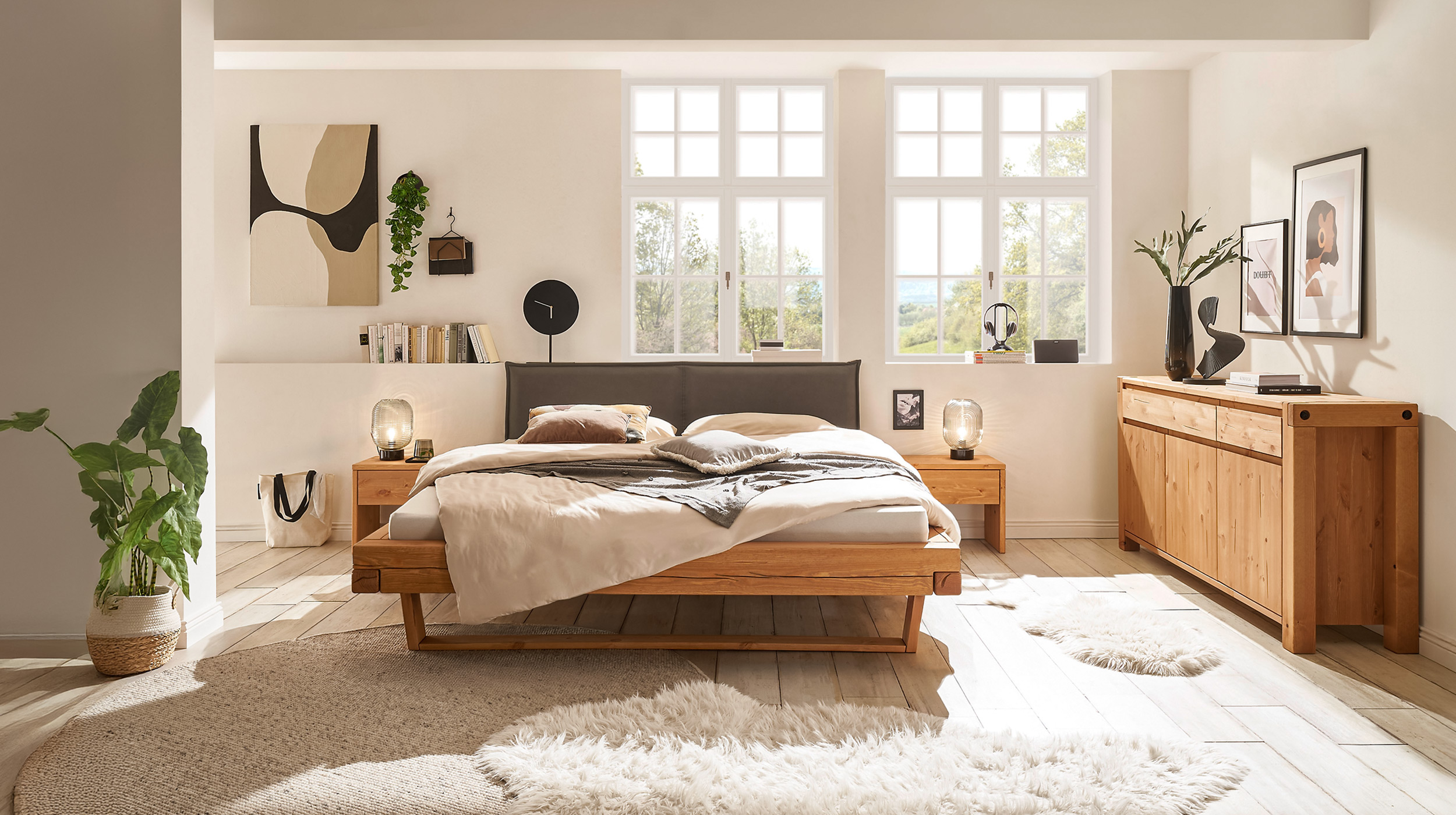 Balkenbett 180 cm Kiefer massiv Polsterkopfteil - U-Gestell - JOREN