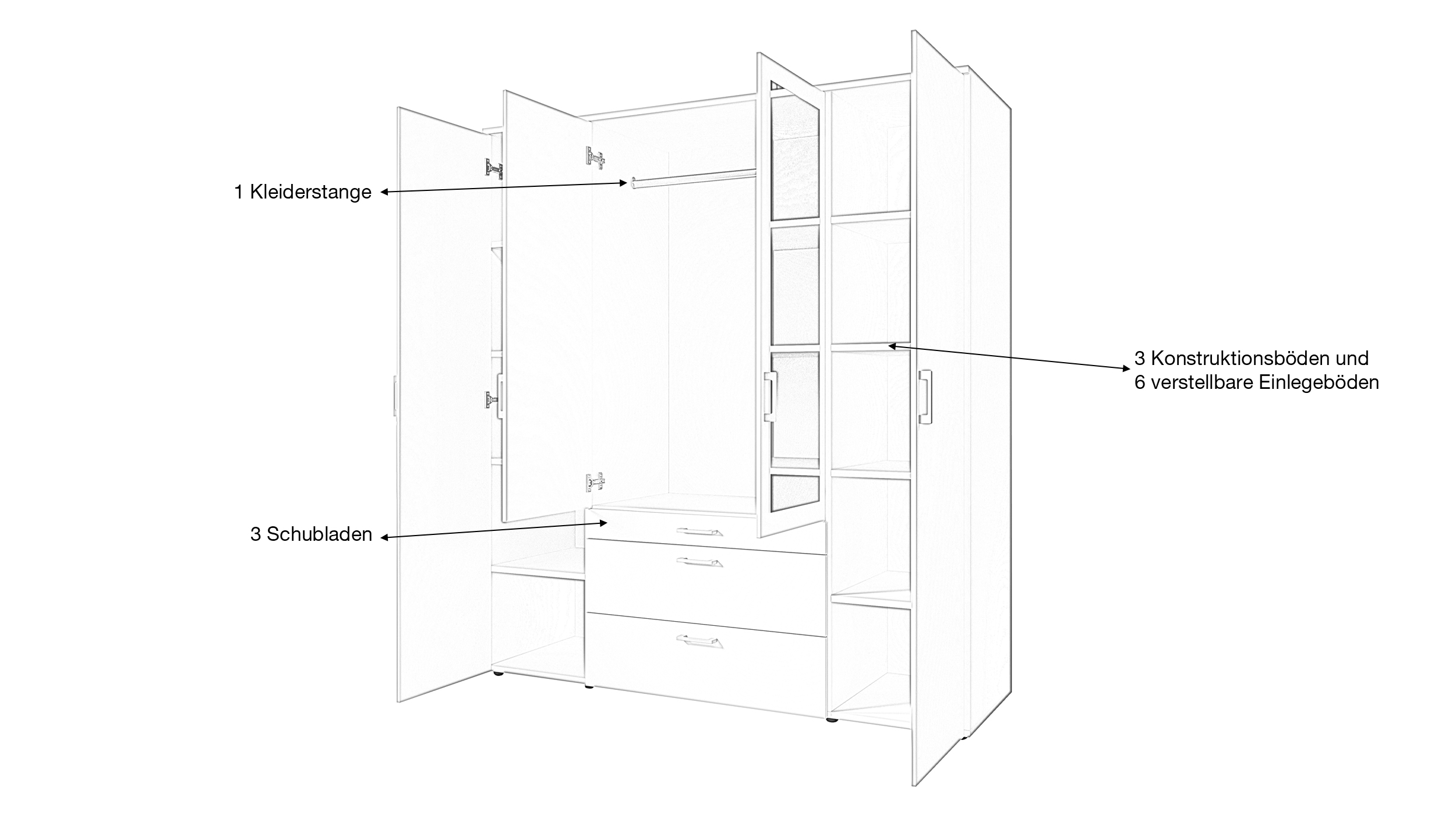 Kleiderschrank weiß mit Spiegel - 180 cm - 4-türig - VESALA