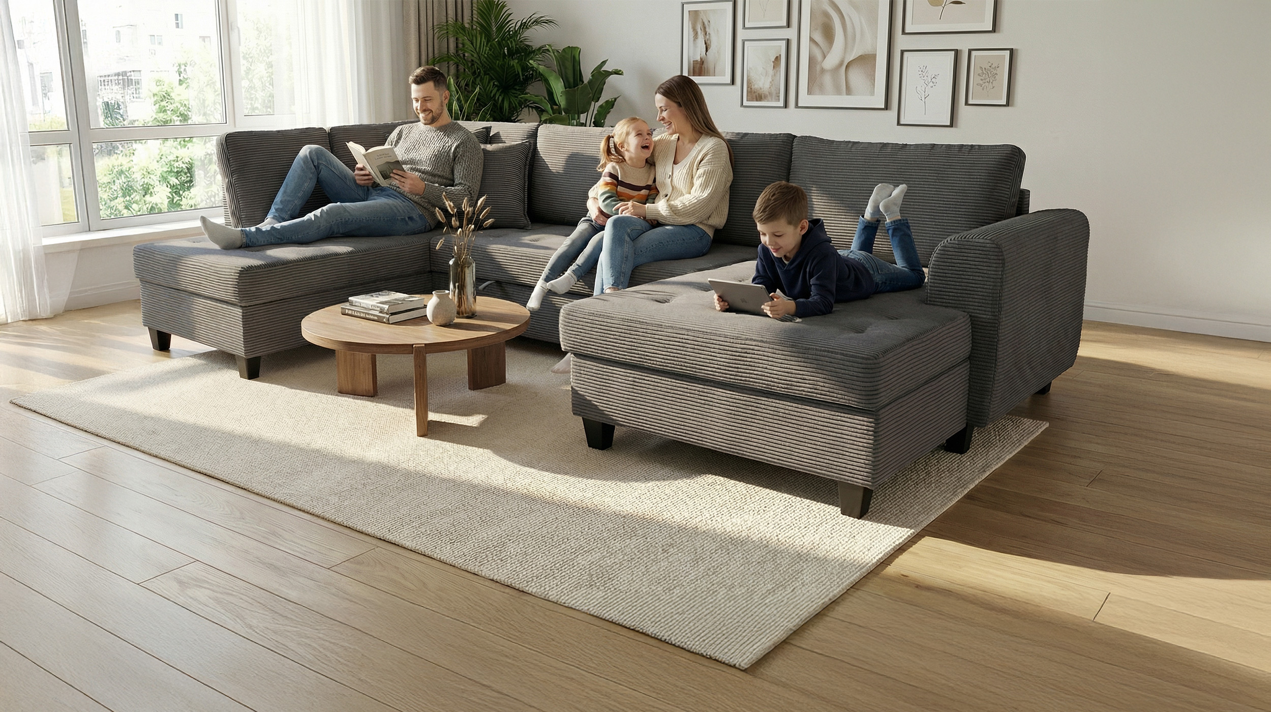 Wohnlandschaft Schlaffunktion Cord grau Bettkasten 324 cm - MANDALIA