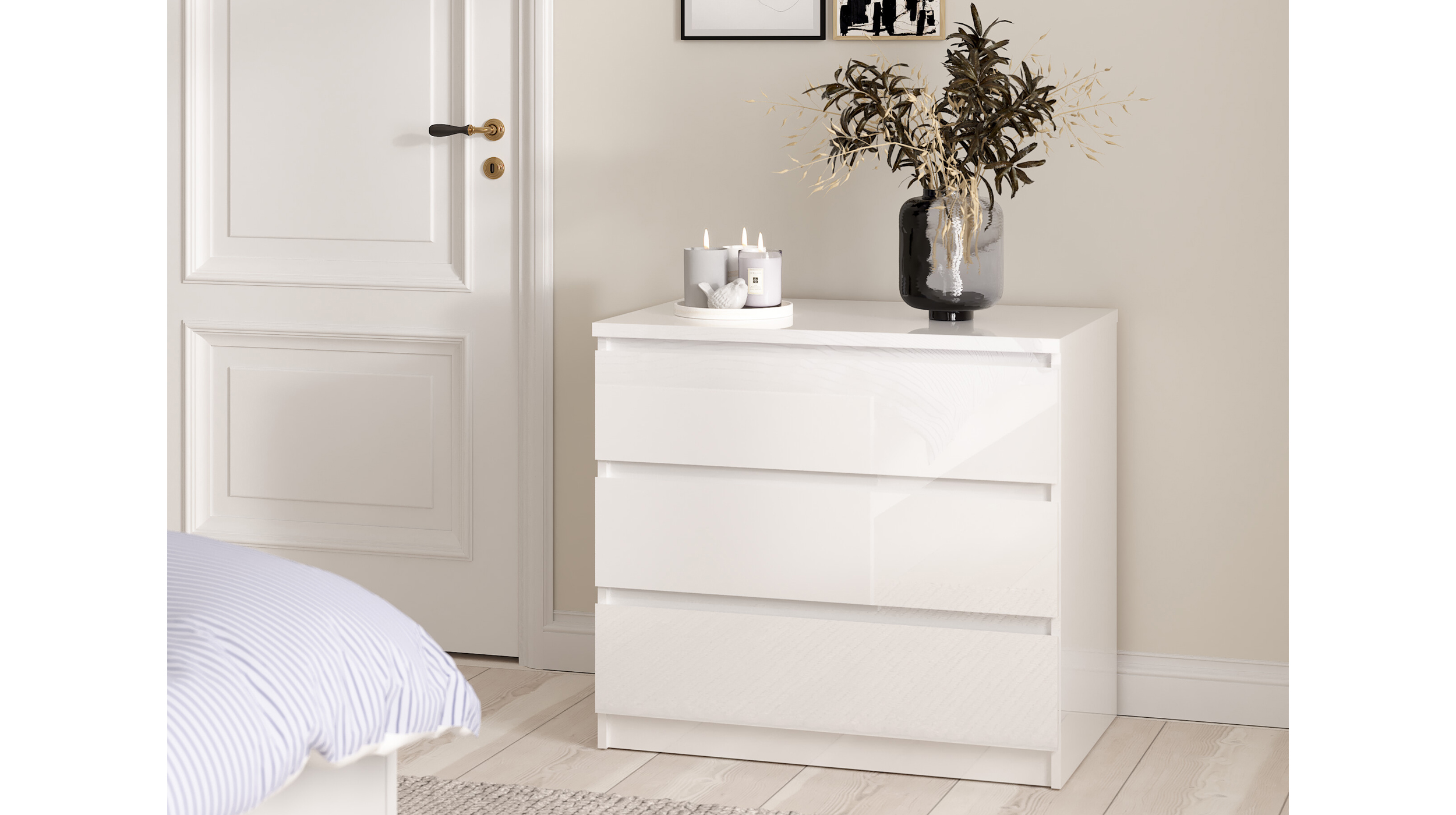 Kommode mit 3 Schubladen weiß hochglanz 77 cm - NAIA