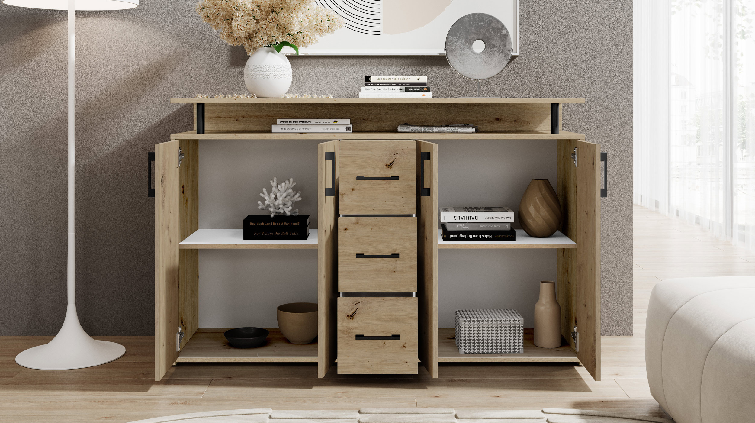 Highboard 4 Türen 3 Schubladen Artisan Eiche 139 cm - DRIFT