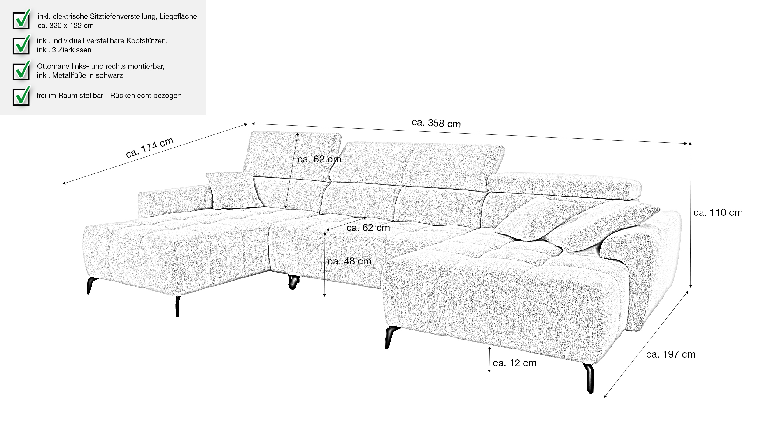 Wohnlandschaft beige elektrisch ausfahrbar 358 cm - ULTIMA