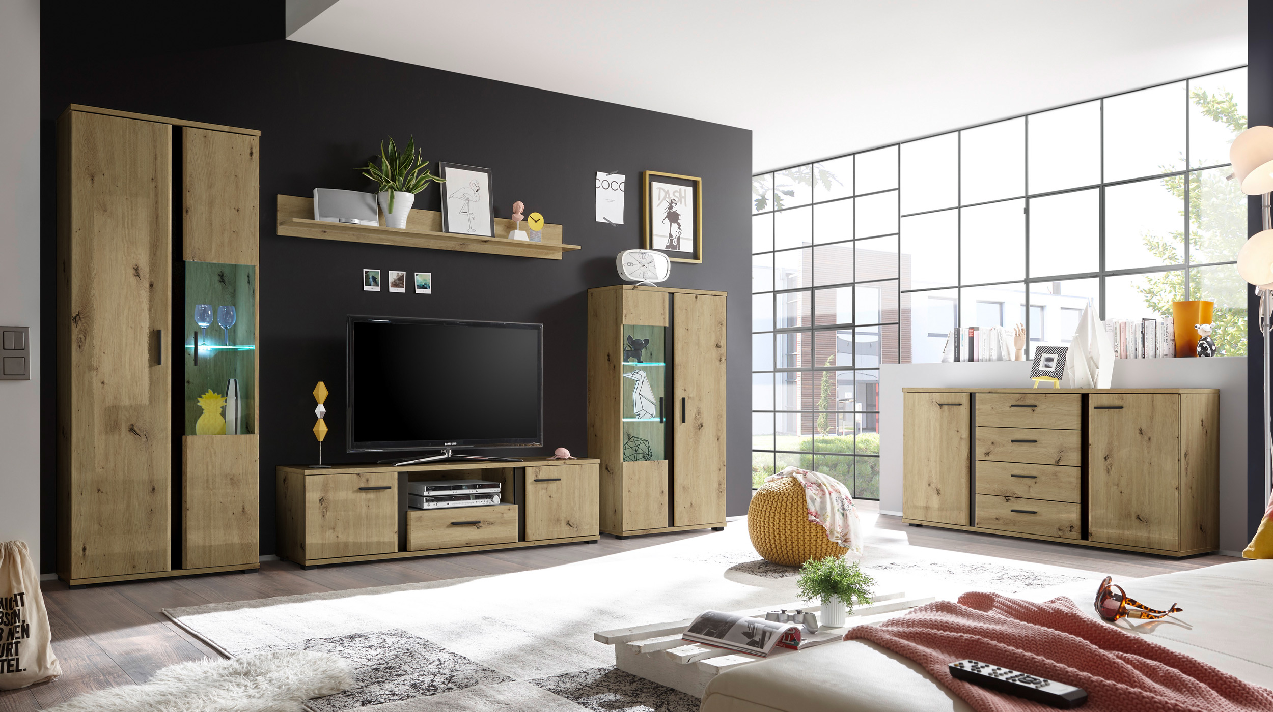 Wohnwand Artisan Eiche 340 cm LED-Beleuchtung - KANADA