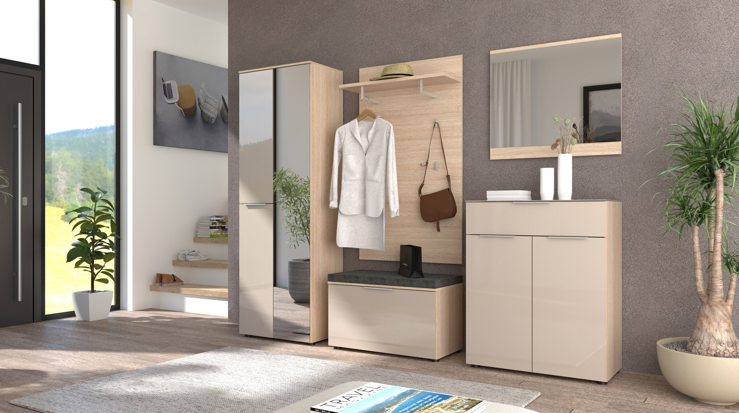 Garderobenbank beige Glasfront - Riva Eiche 80 cm - SANTORIN