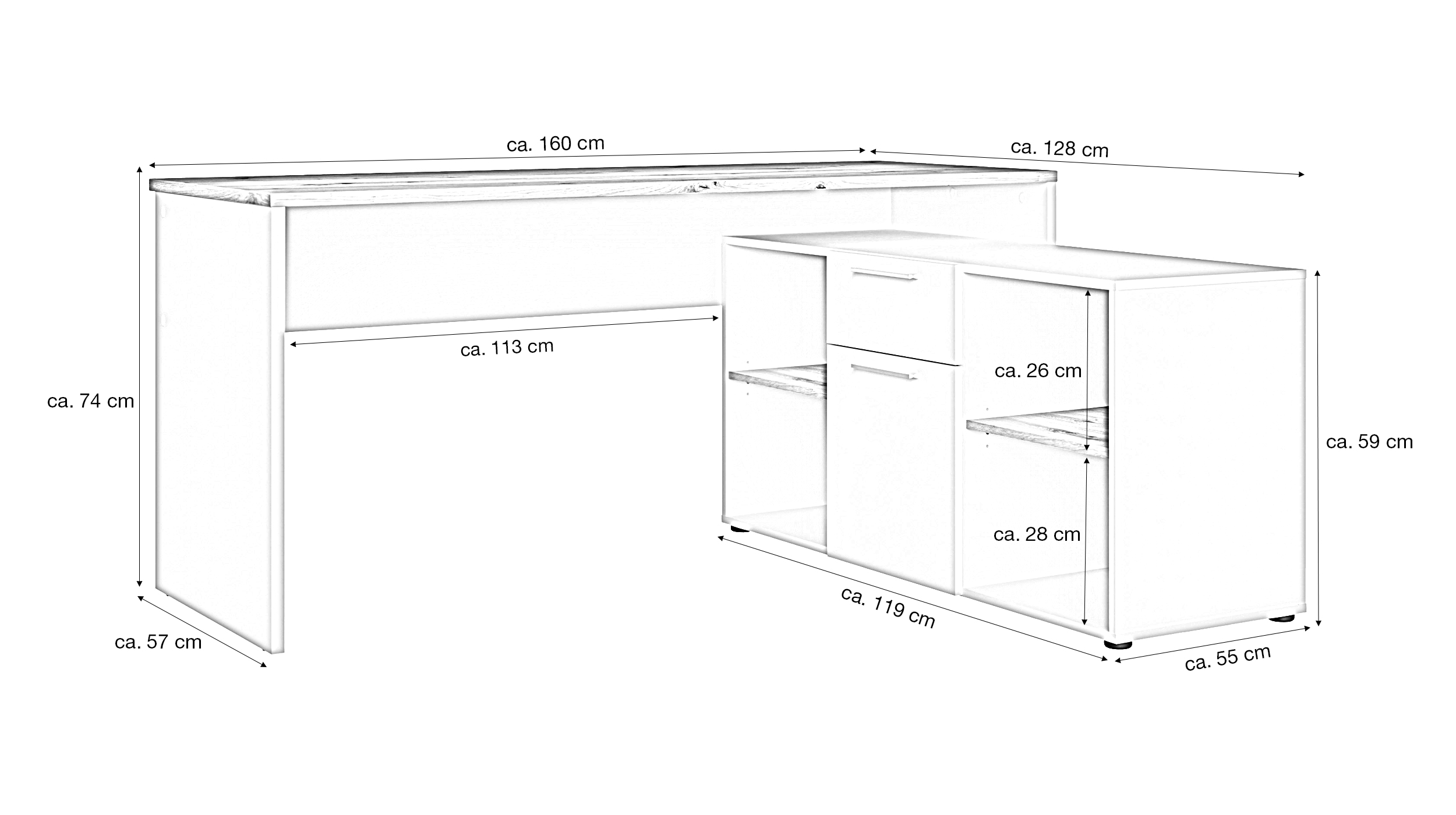 Eck-Schreibtisch weiß Artisan Eiche 160 cm - CONTRA COSTA