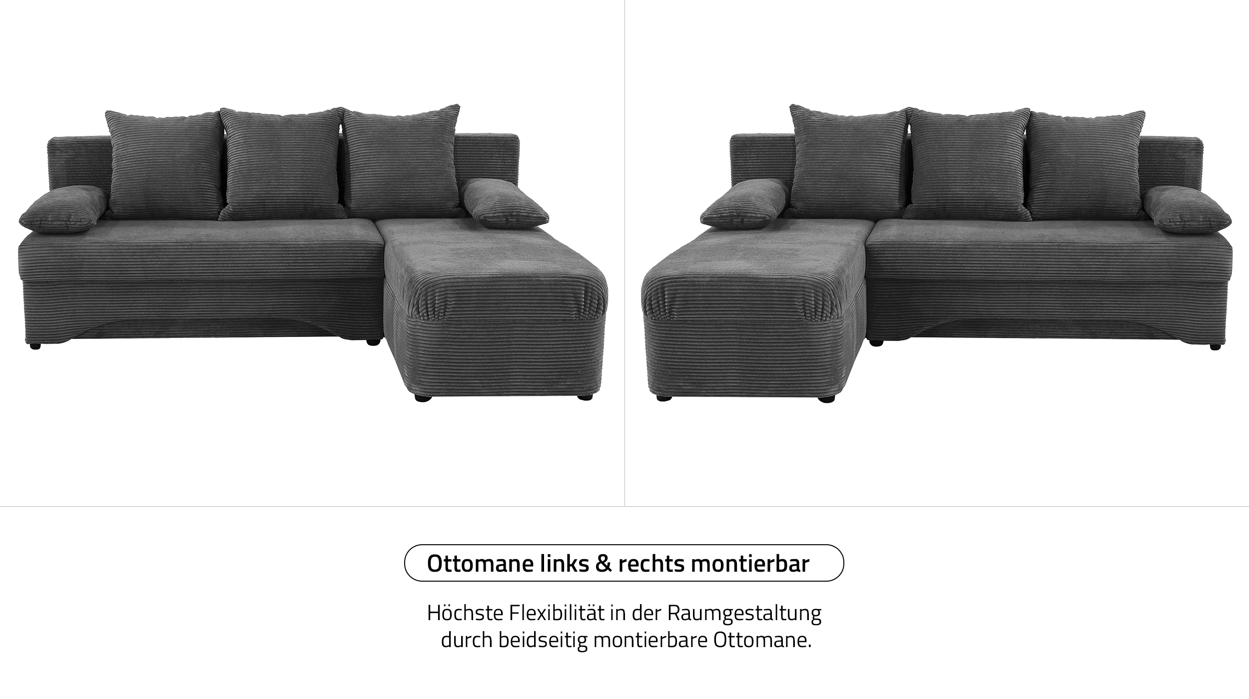 Ecksofa Cord grau Bettkasten Schlaffunktion 191 x 142 cm - POLARIS